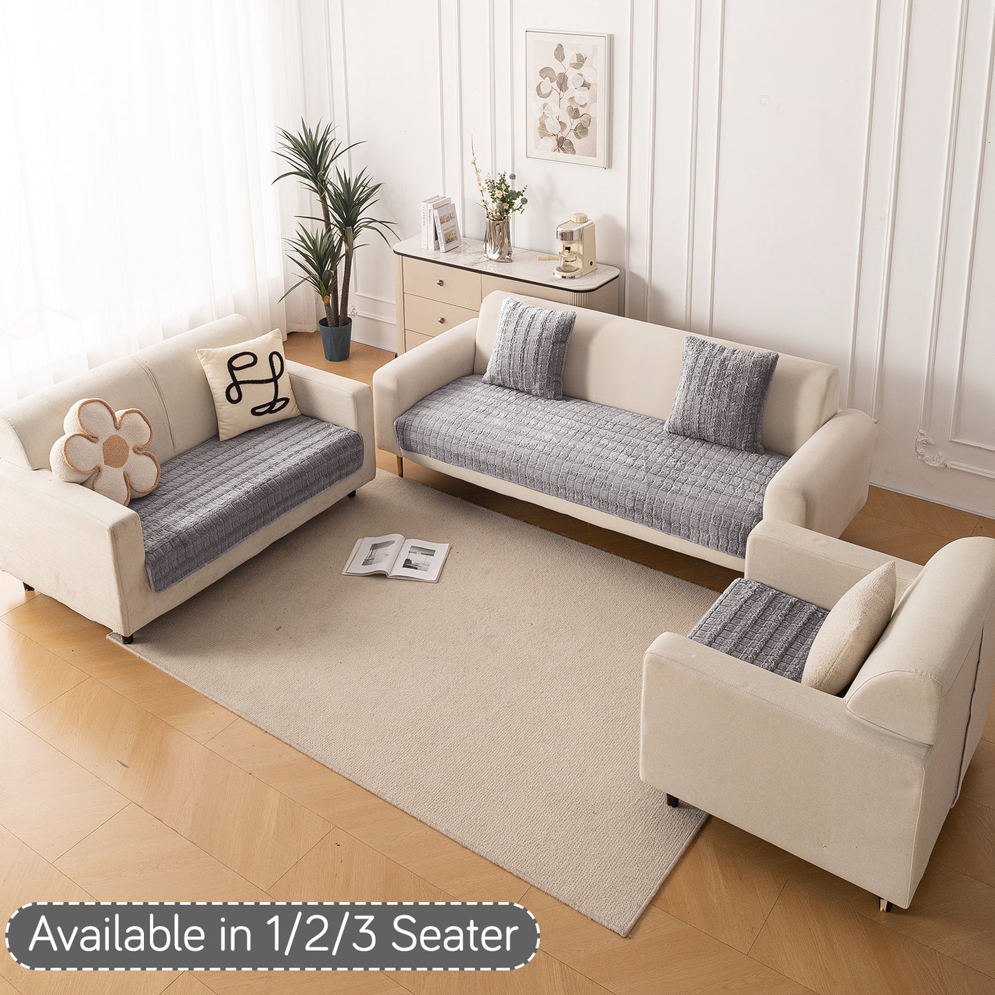 Premium Plush Anti Slip Sofa Mat for 1/2/3 Seater, Light Grey