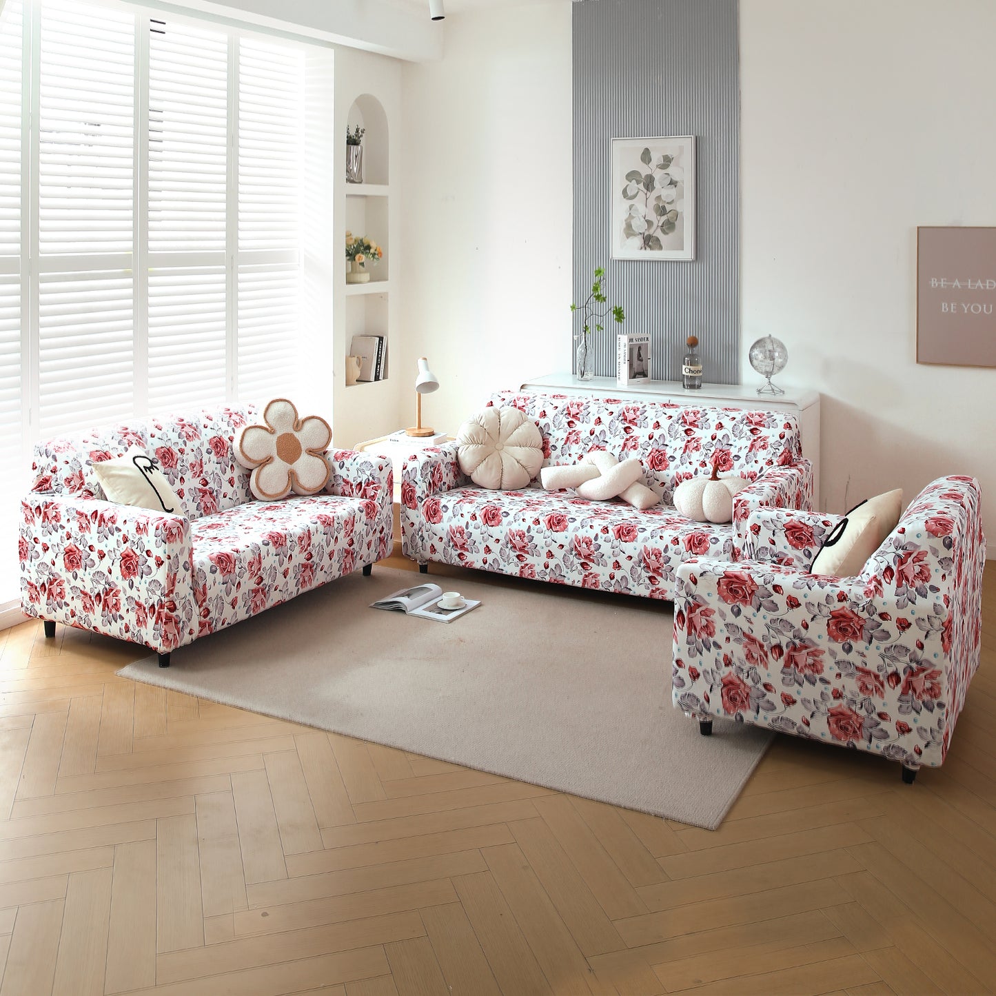Premium Printed Velvet Sofa Cover 1/2/3 Seaters Fully Covered, Red Cottage Rose