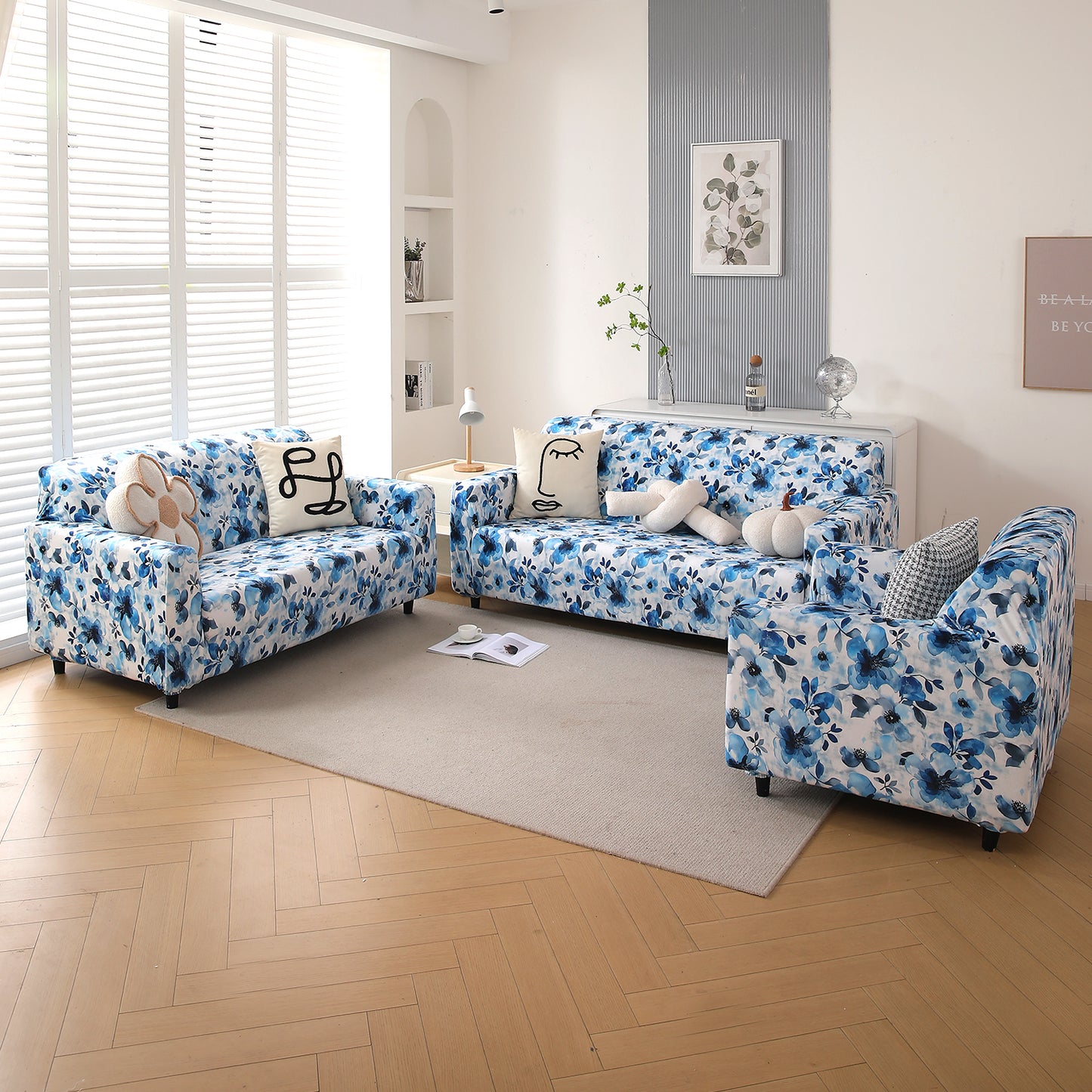 Premium Printed Velvet Sofa Cover 1/2/3 Seaters Fully Covered, Blue Azure Botanical
