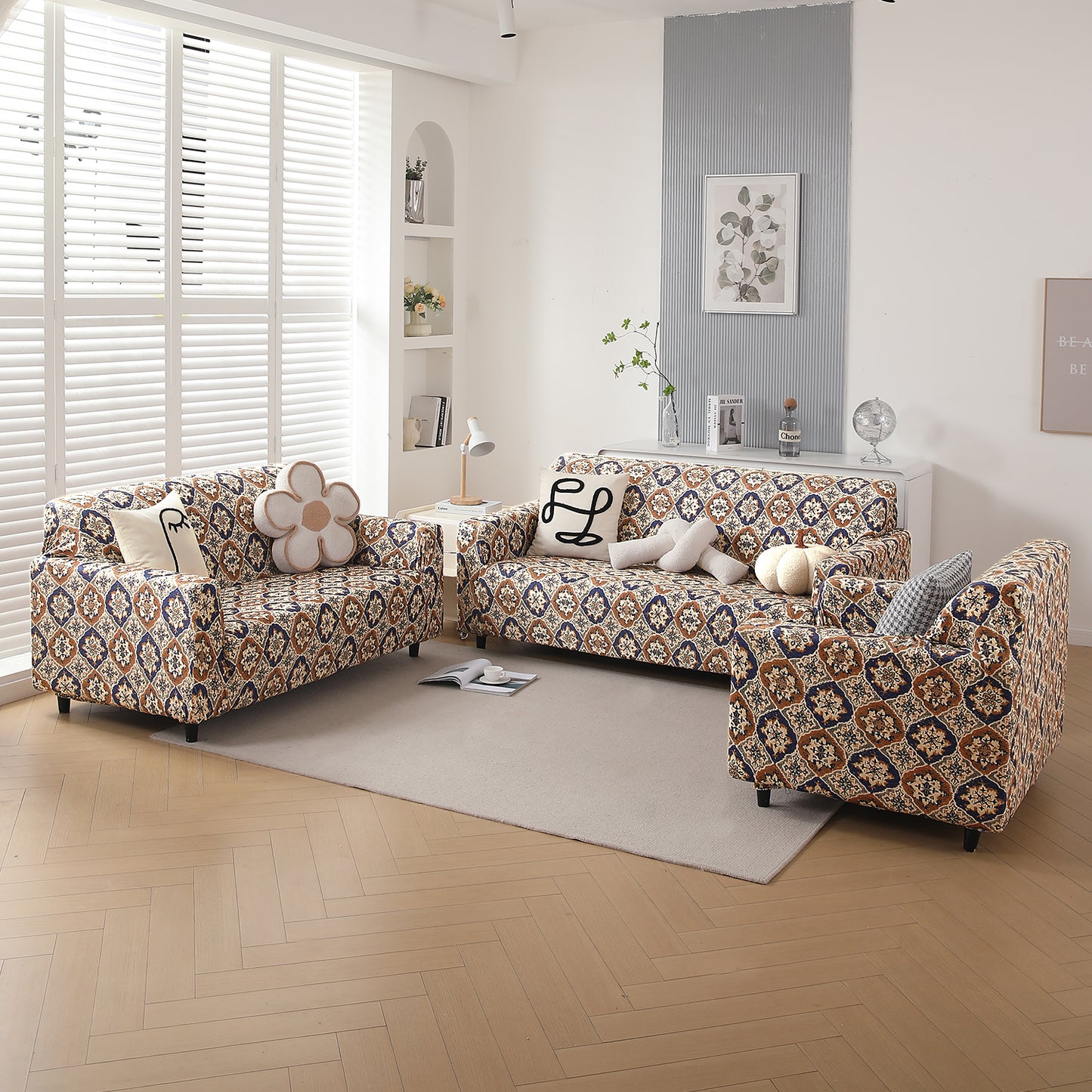 Premium Printed Velvet Sofa Cover 1/2/3 Seaters Fully Covered, Indigo Moroccan Charm