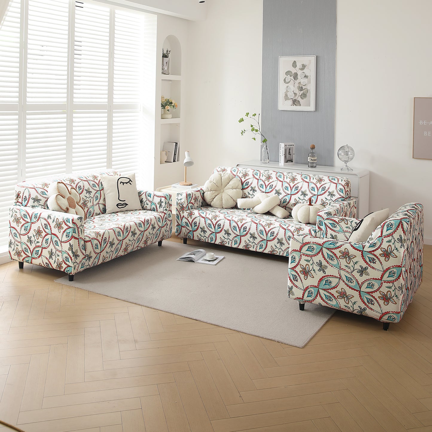 Premium Printed Velvet Sofa Cover 1/2/3 Seaters Fully Covered, Beige Persian Garden