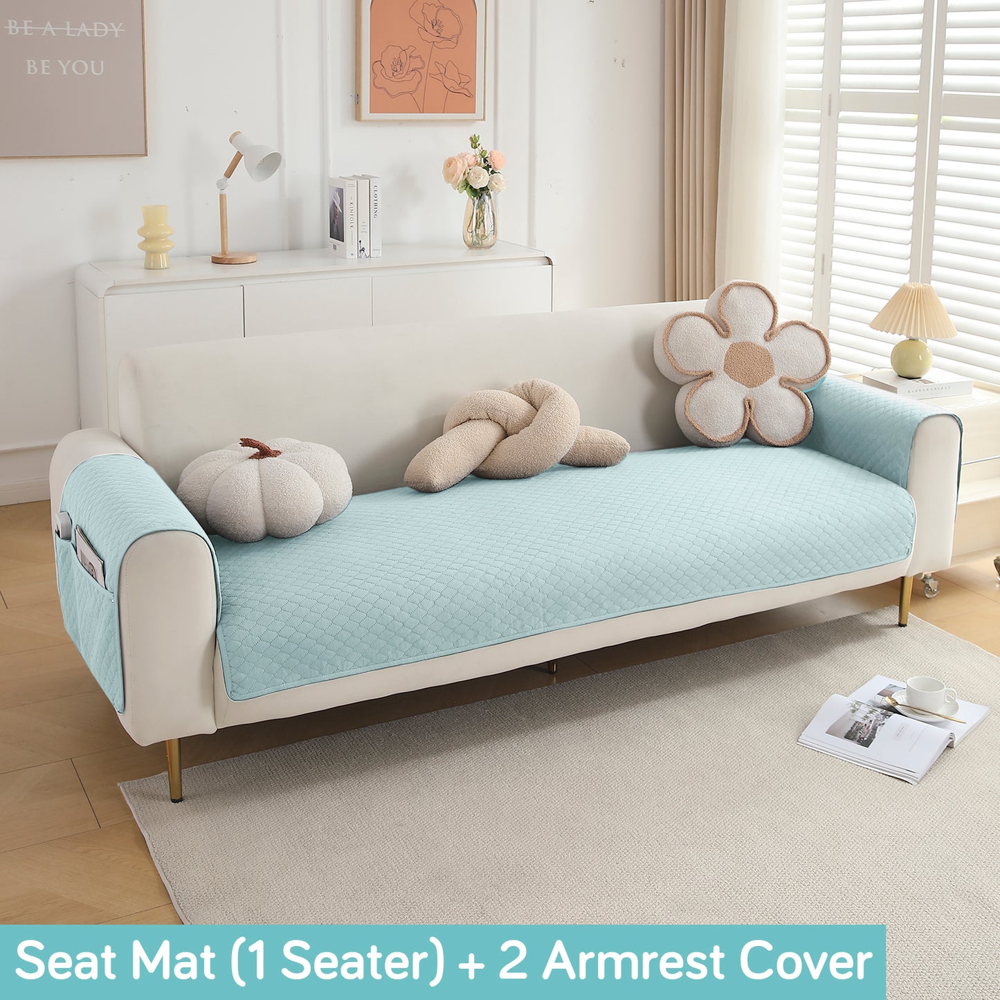 Quilted Sofa Cover Set with Seat Mat and Armrest Covers with Pockets, Light Sky Blue