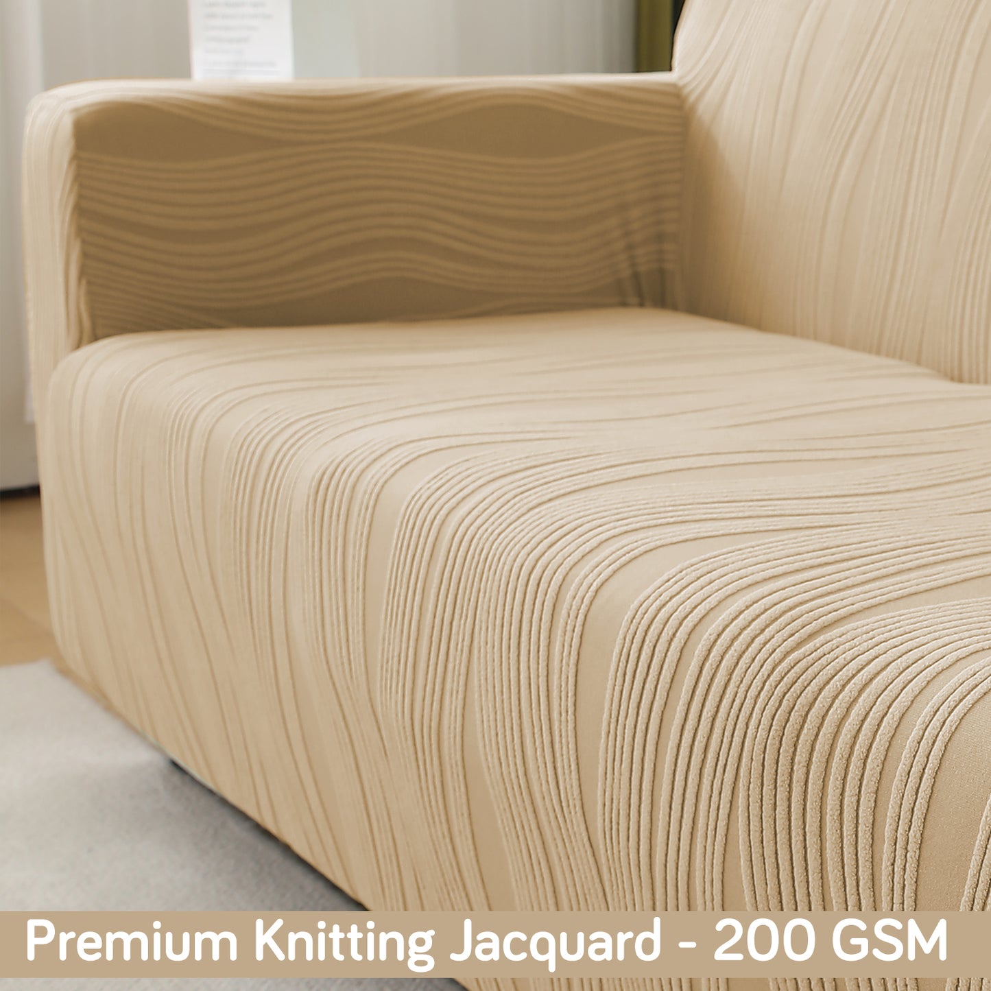 200gsm Knitting Jacquard Sofa Cover 1/2/3/4 Seater Fully Covered, Blush Beige