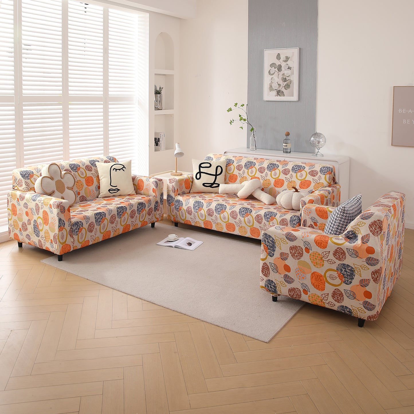 Premium Printed Velvet Sofa Cover 1/2/3 Seaters Fully Covered, Coral Autumn Leaves