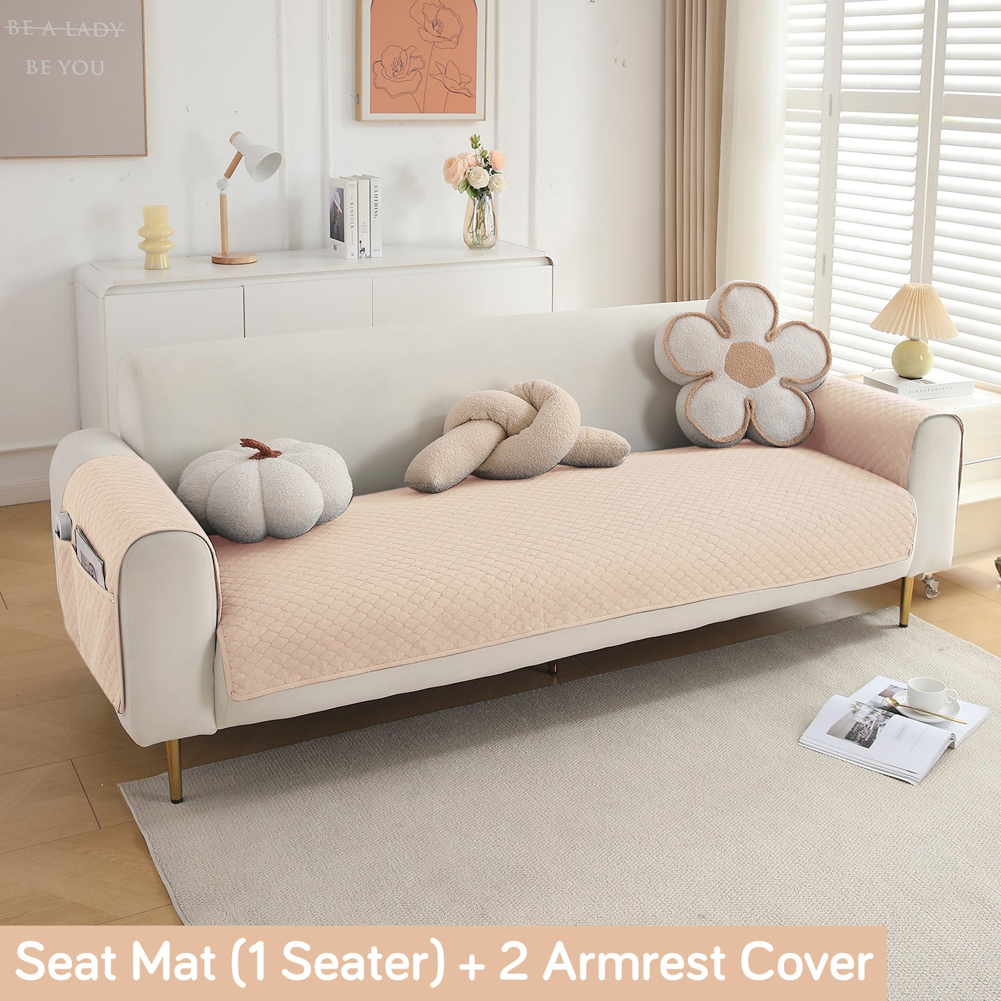 Quilted Sofa Cover Mat with 2 Armrest Covers Pockets, Beige