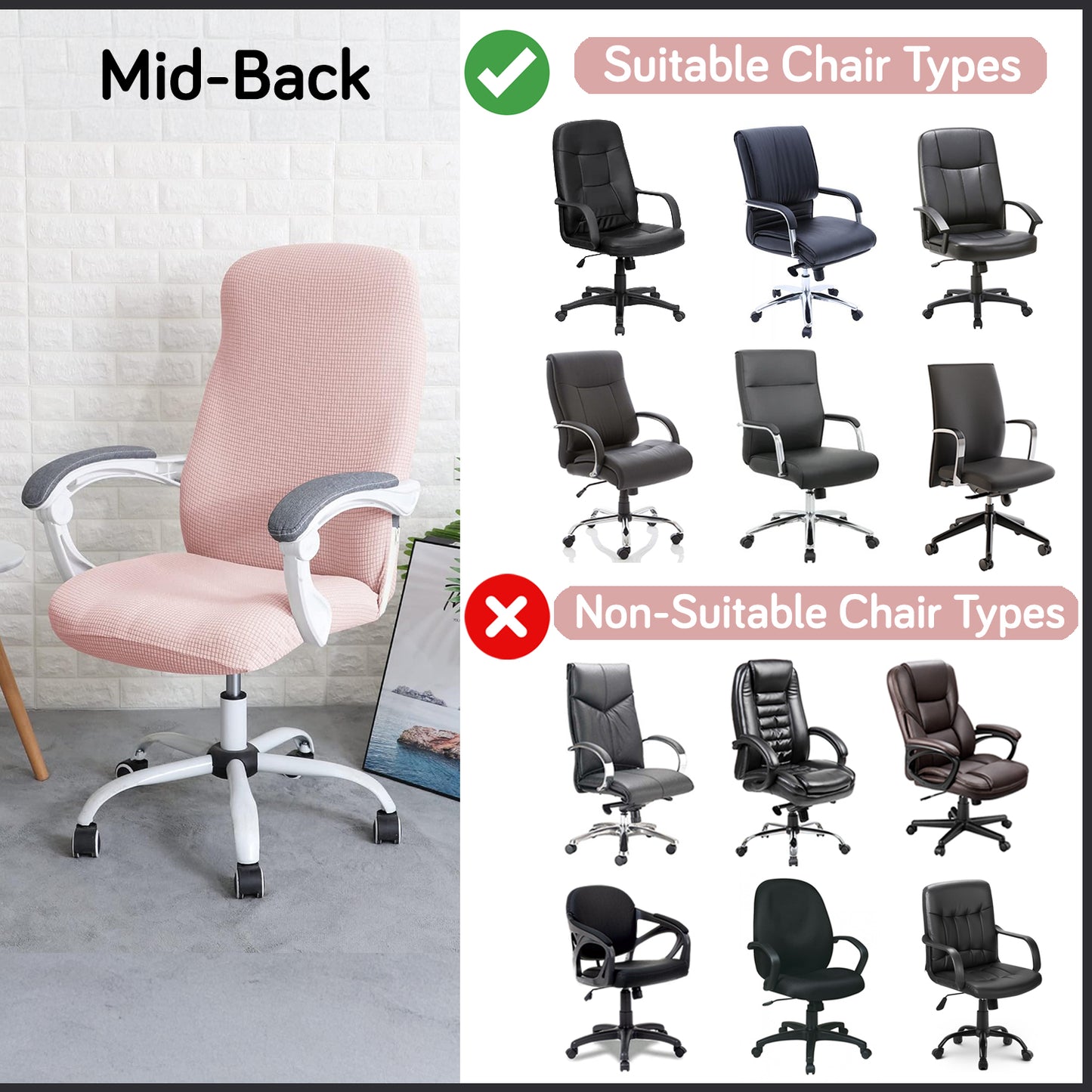 Water Repellent Office Chair Cover for Desk Chair (Mid-Back) – 210 GSM Stretch Jacquard – Washable, Durable & Anti-Slip – Fits Mid-Back Office Chairs, Pink