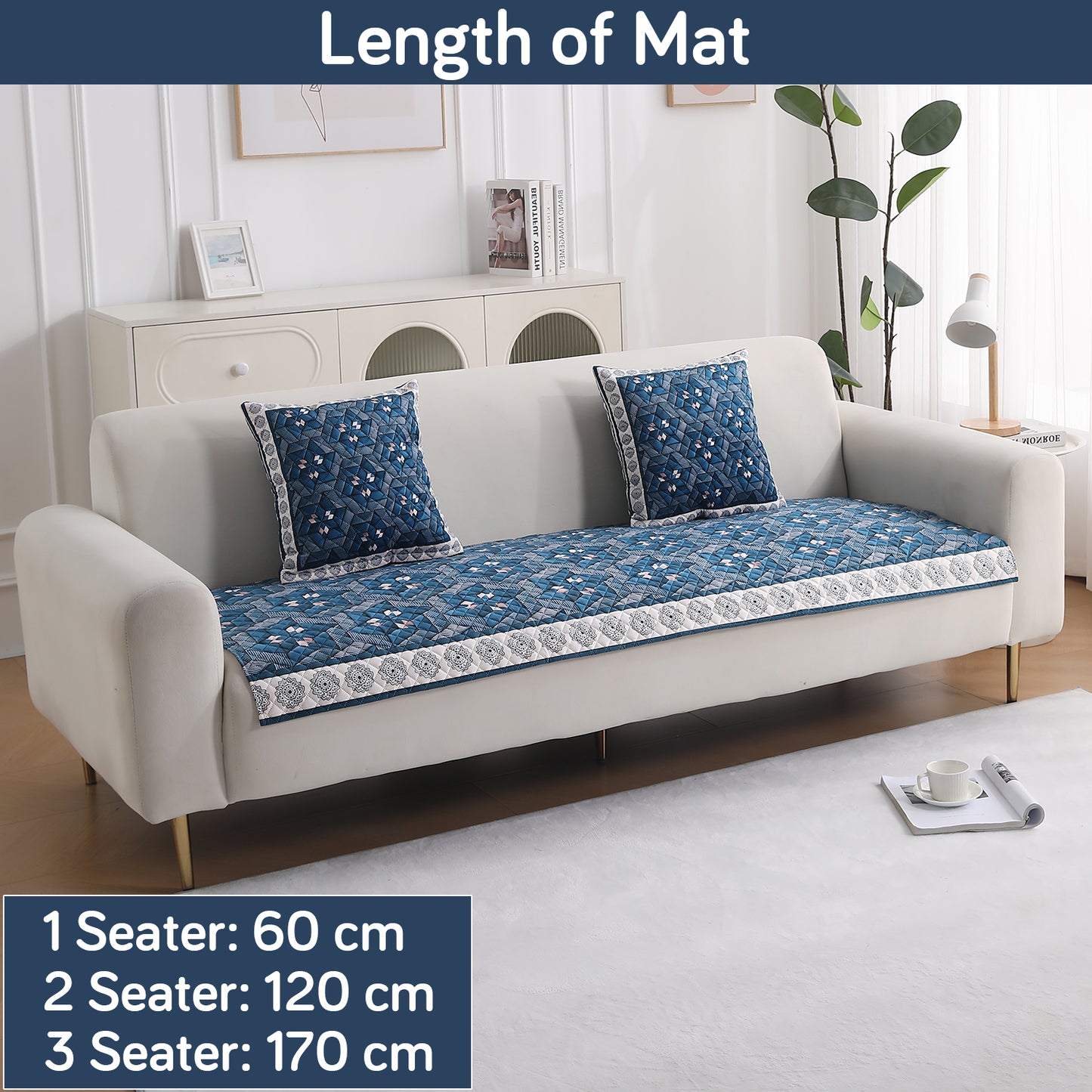 LiefNest Printed Holland Velvet Sofa Mat with Foam Filling - Geometric Floral Oriental Blue for 1/2/3 Seater & Armrest
