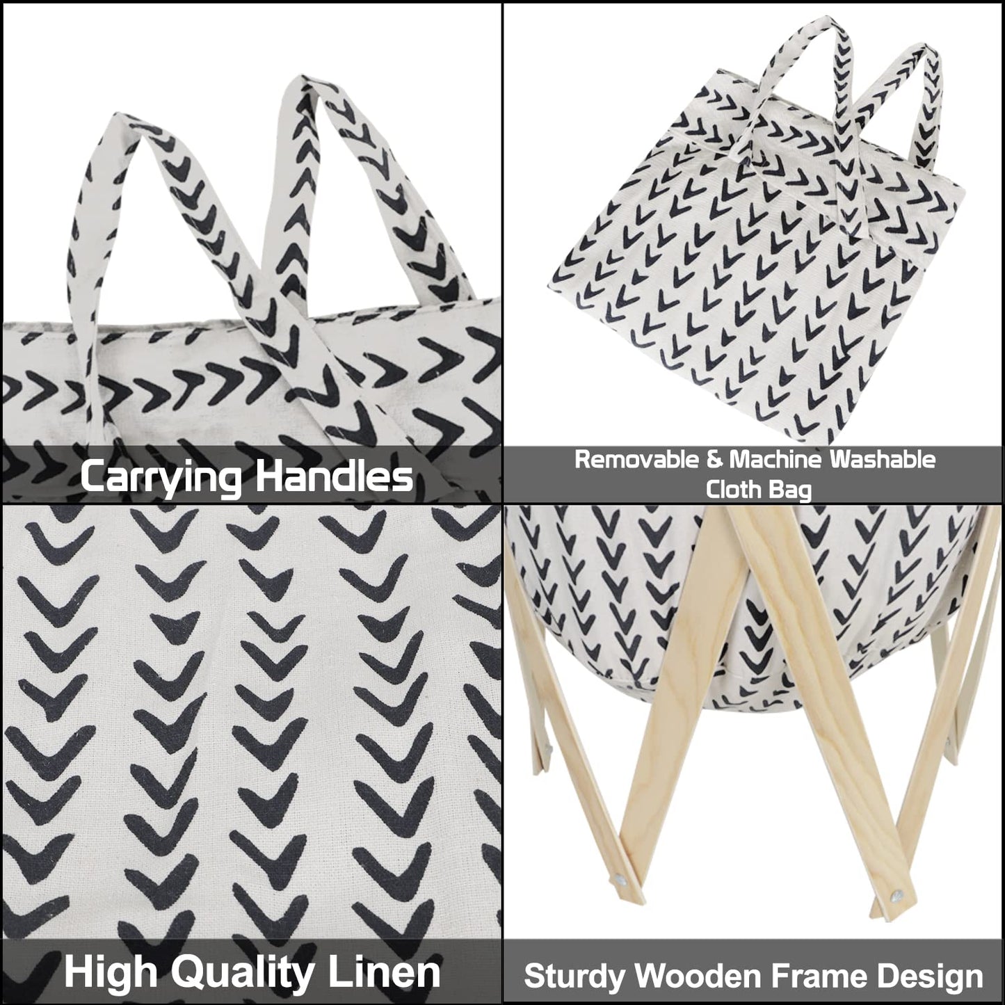 HOKIPO Large European Pattern Laundry Hamper Foldable Wooden Cloth Basket , White
