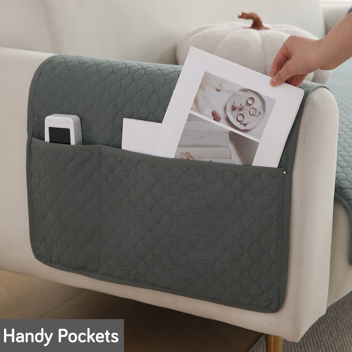 2 Pcs Quilted Sofa Armrest Cover, Grey