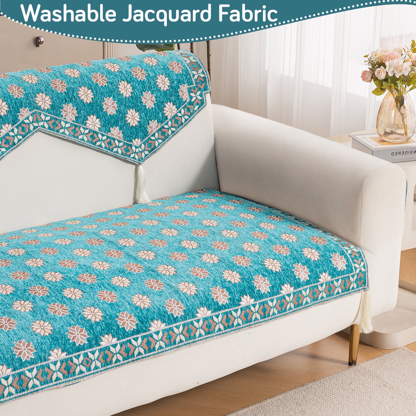 Heritage Weave Premium Jacquard Sofa Cover Set with Tassels - Emerald Teal