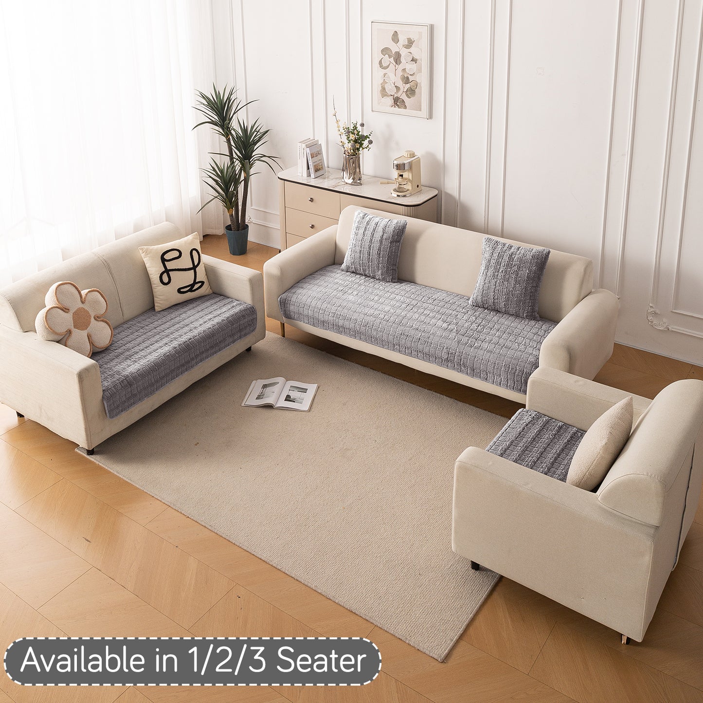 Premium Plush Anti Slip Sofa Mat for 1/2/3 Seater, Light Grey