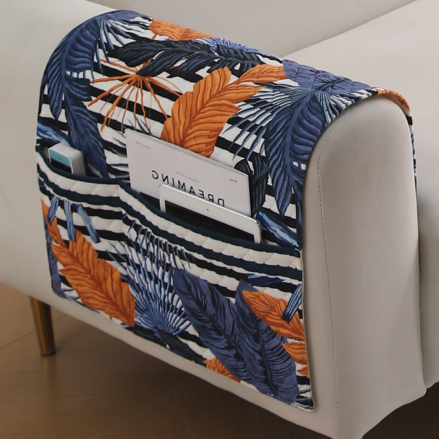 LiefNest Holland Velvet Sofa Cover Mat with Foam Filling - Tropical Leaves Dusk Blue