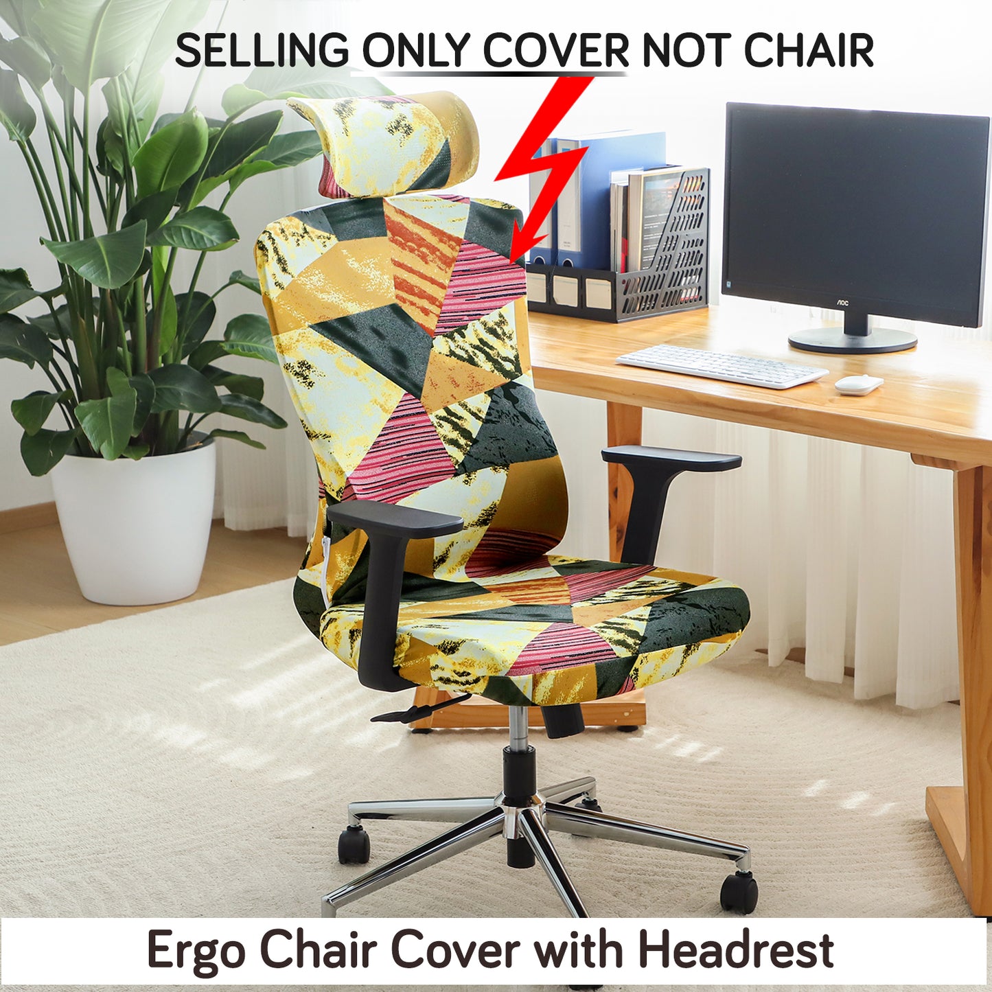 Printed Office Chair Cover with Headrest (High-Back) – 140 GSM Stretch Fabric – Washable, Anti-Slip Fit for Ergonomic Mesh Office Chairs, Wine Abstract Geometry