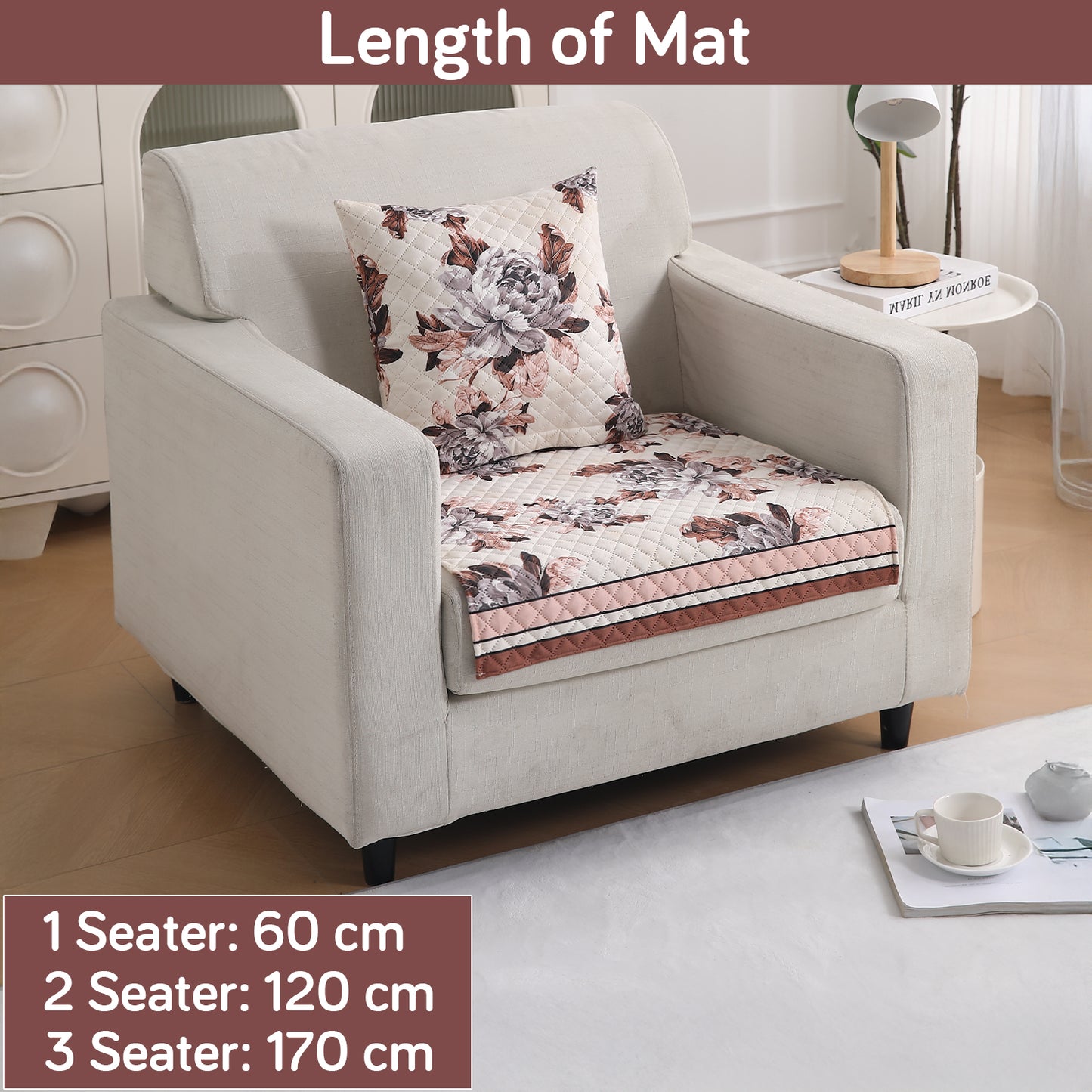 LiefNest Printed Holland Velvet Sofa Mat with Foam Filling - Chrysanthemum Bloom Soft Beige for 1/2/3 Seater & Armrest