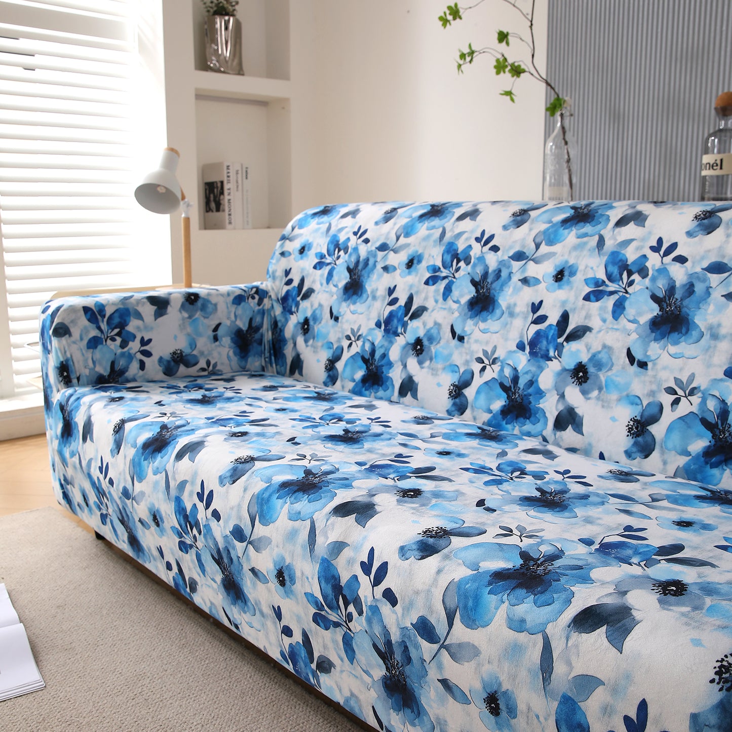 Premium Printed Velvet Sofa Cover 1/2/3 Seaters Fully Covered, Blue Azure Botanical