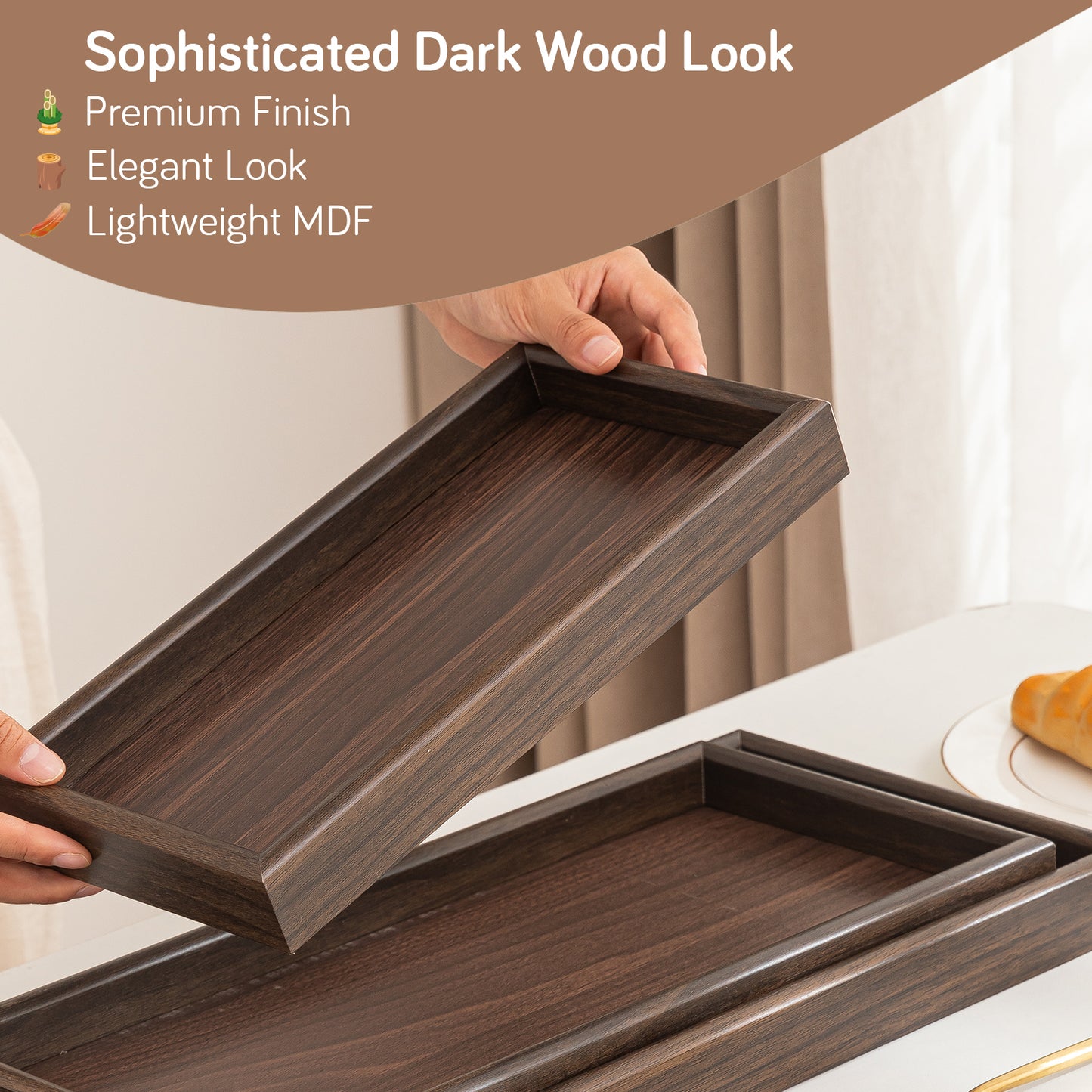 Wooden Serving Tray MDF Rectangular Eco-Friendly Trays Set of 3, Dark Wood Finish