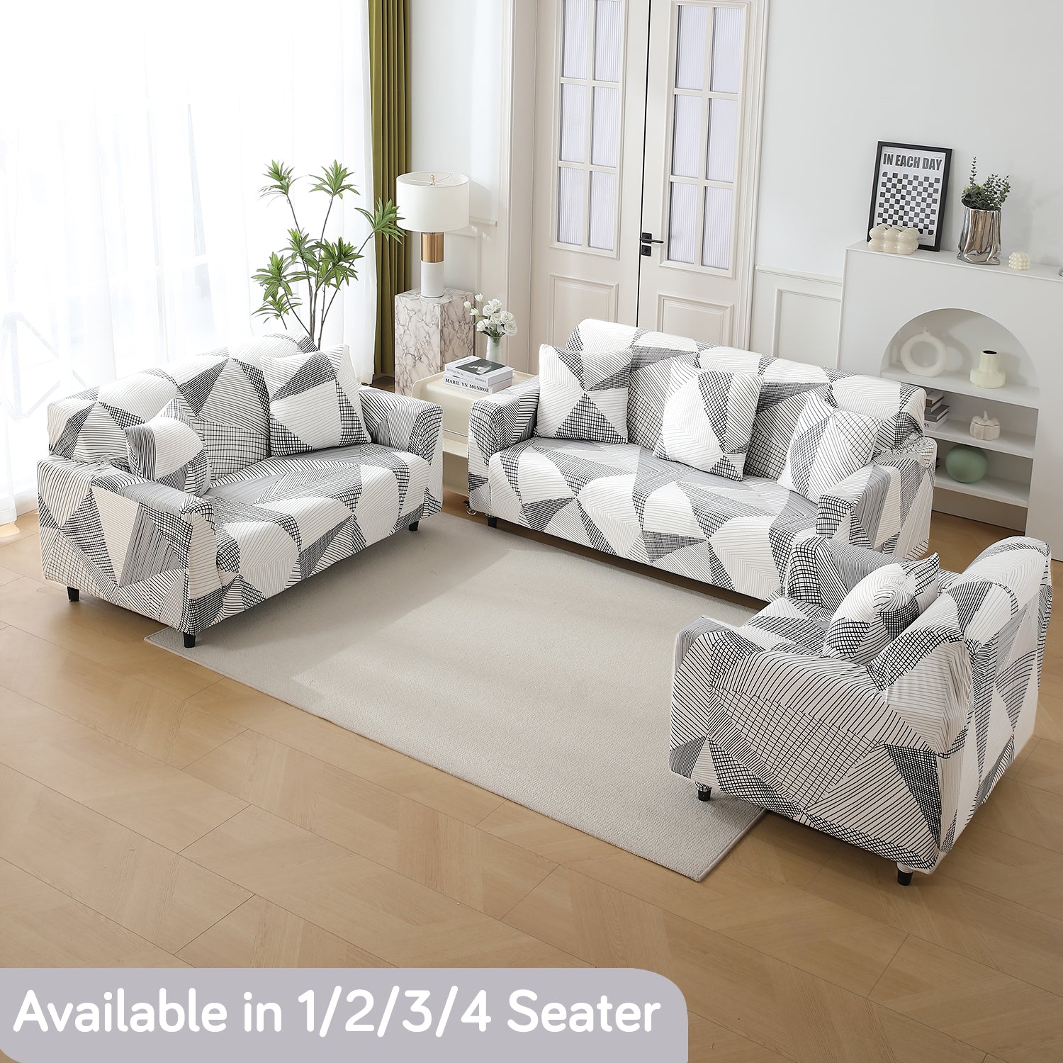 Snow White Black Geometry fabric elastic sofa cover sets for 1,2,3,4,5 & 7 seater sofas