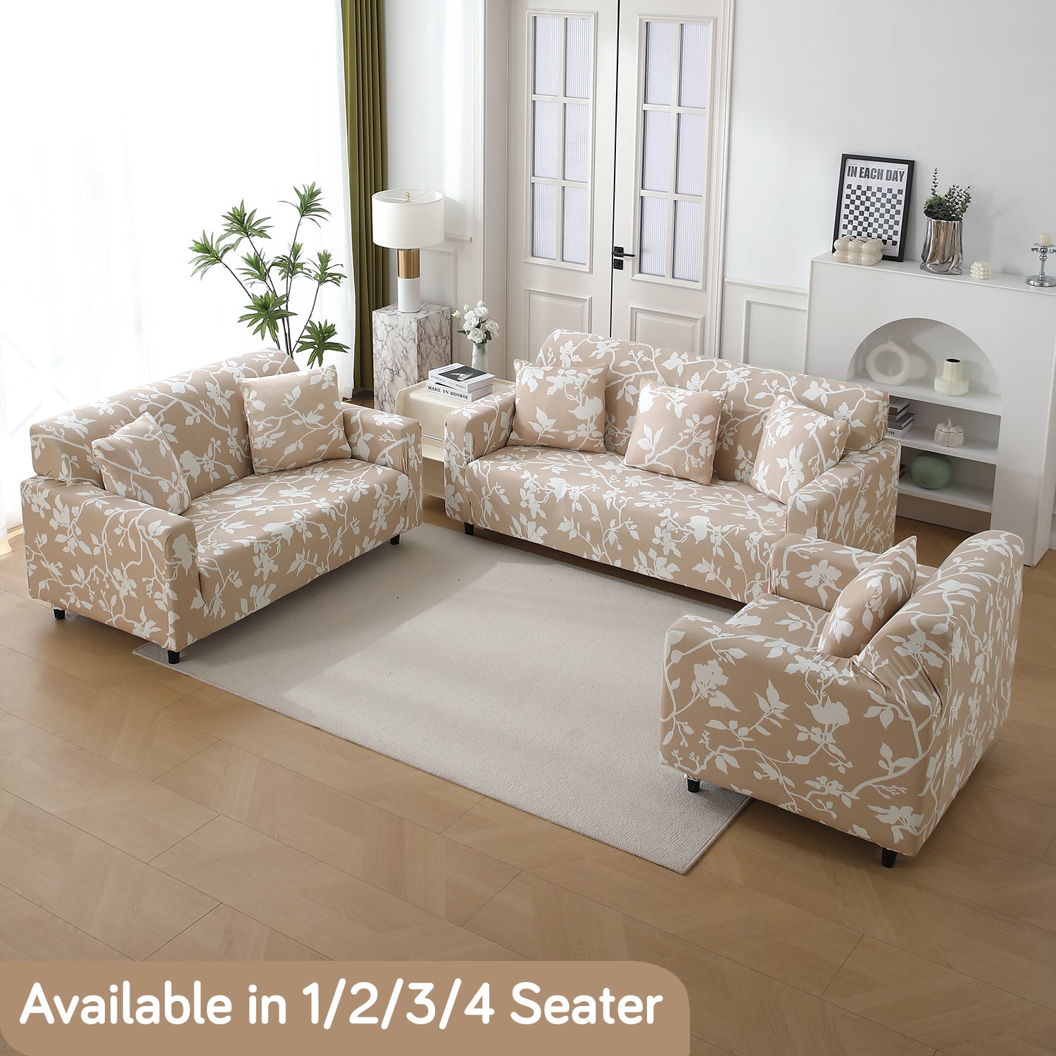 Buff brown silhouette floral print Elastic sofa cover sets for 1,2,3,4,5 & 7 seater sofas