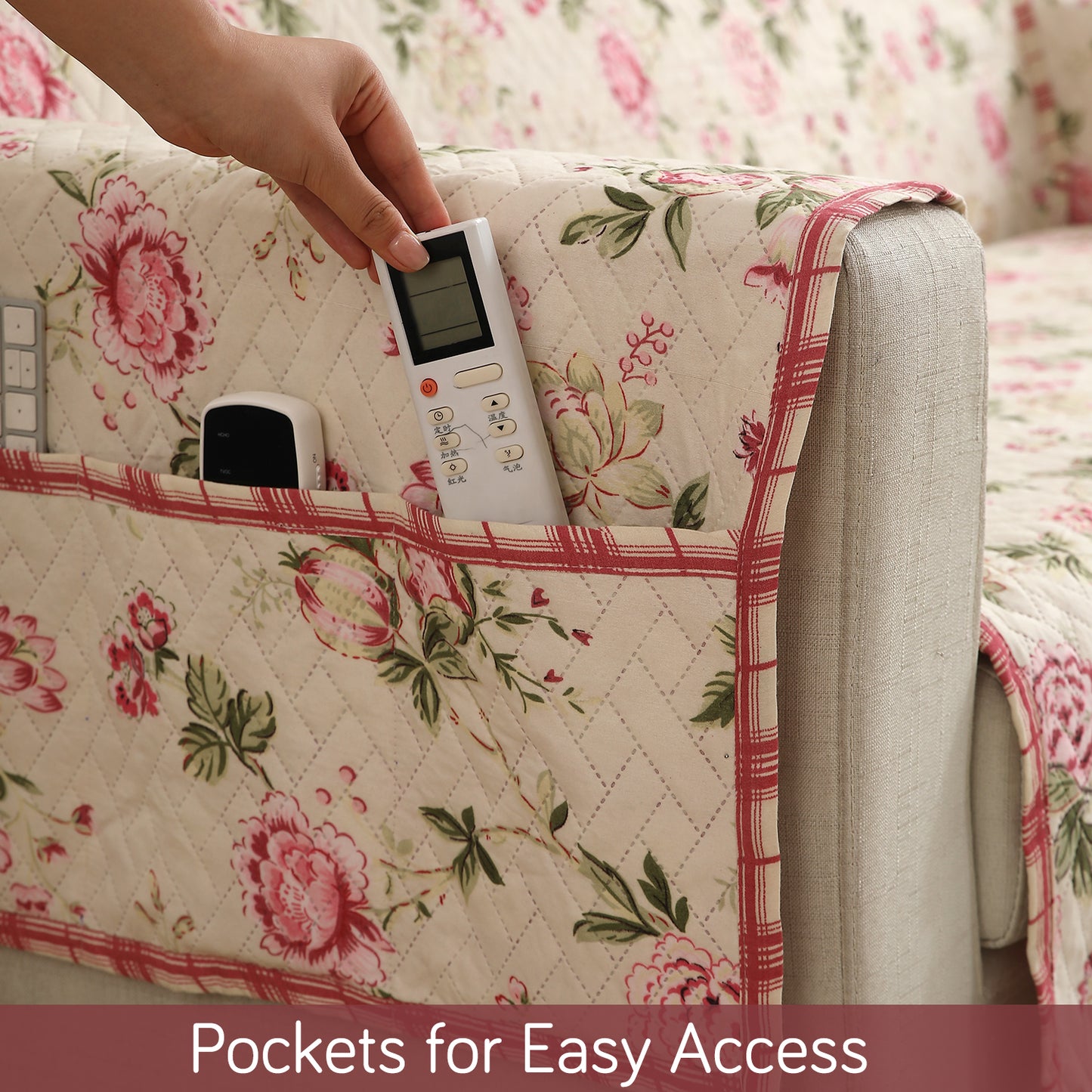 Beige Peonies Printed quilted sofa cover set with handy side pocket