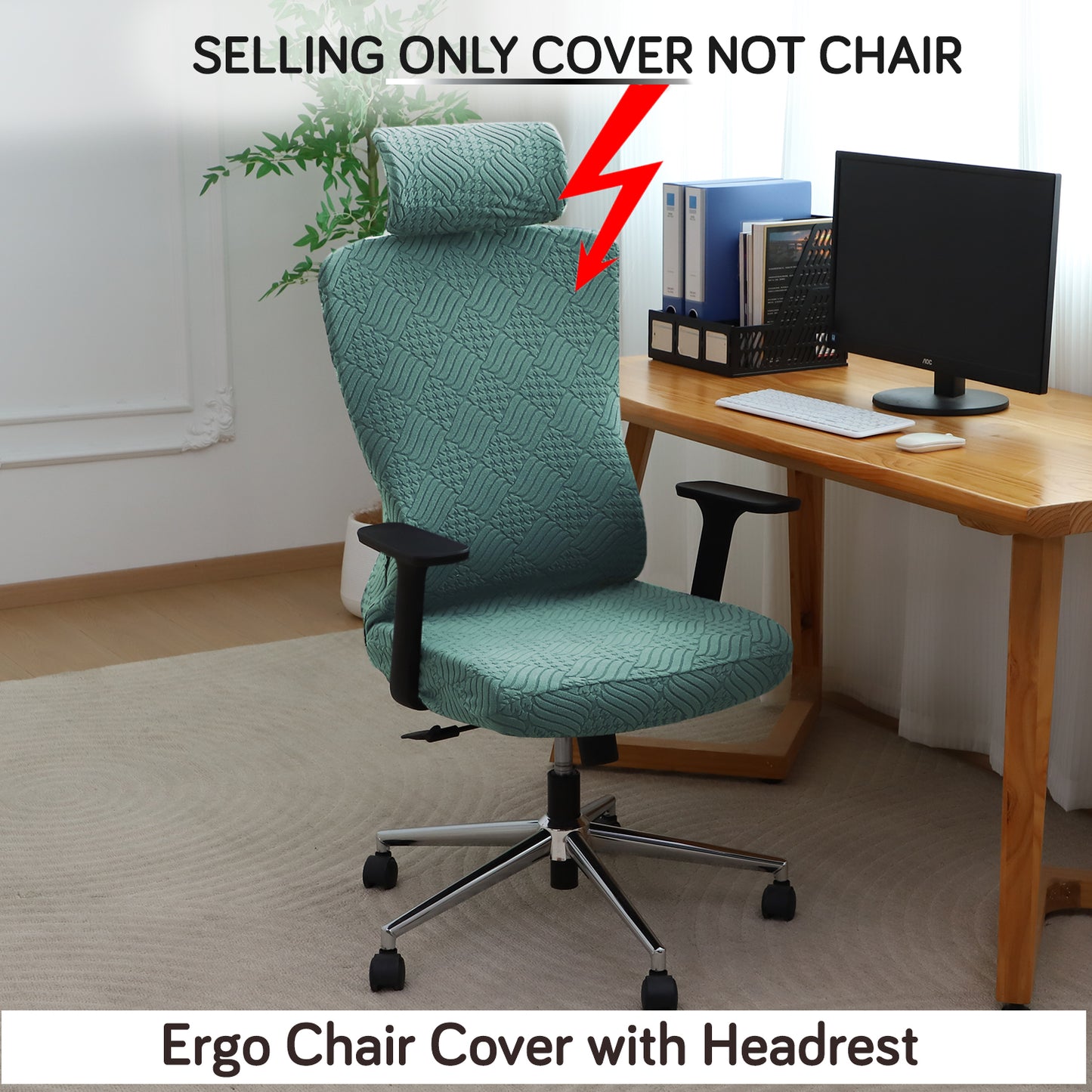 Office Chair Cover with Headrest (High-Back) – 170 GSM Stretch Jacquard – Washable, Anti-Slip Fit for Ergonomic Mesh Office Chairs, Green