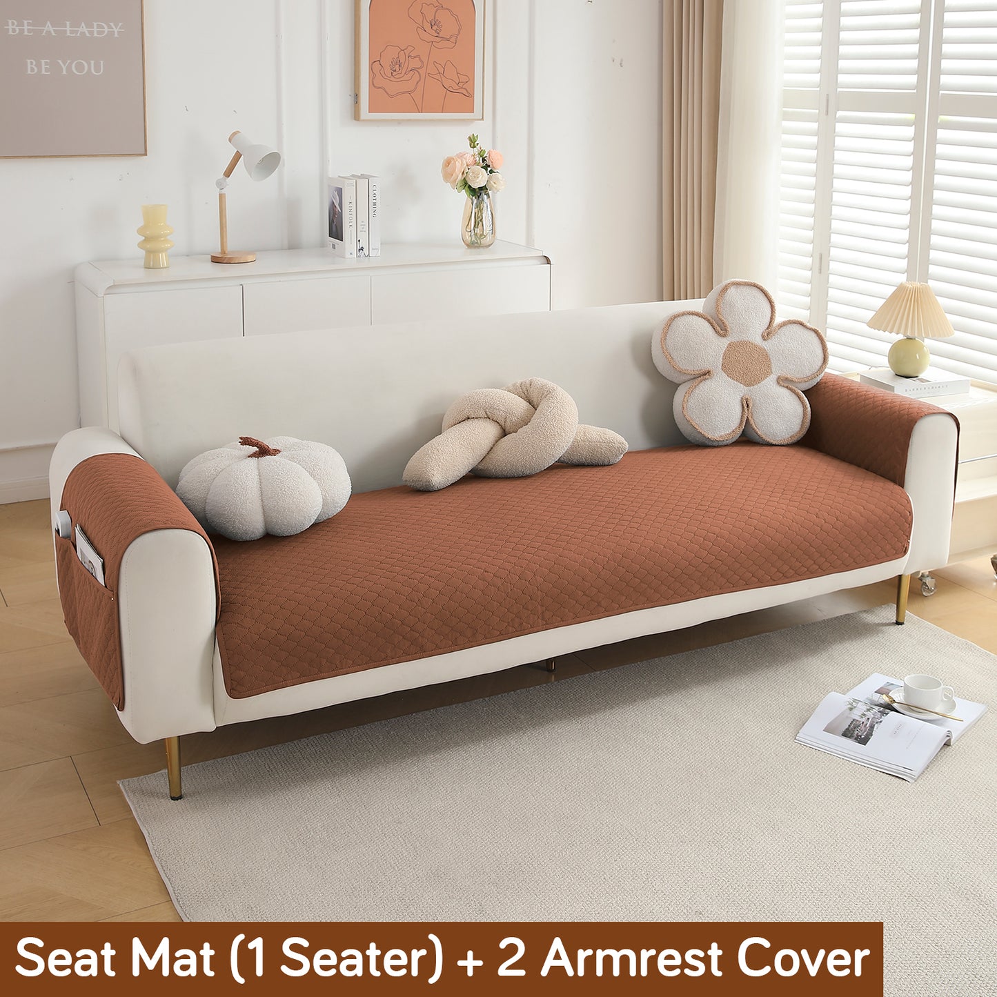 Quilted Sofa Cover Mat with 2 Armrest Covers Pockets, Brown