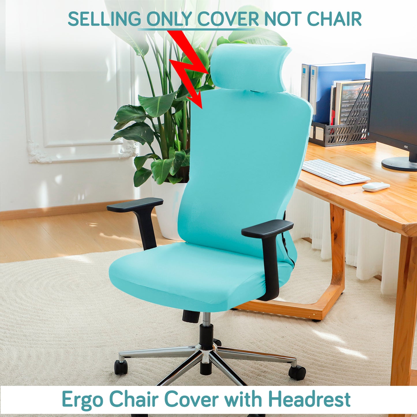 Office Chair Cover with Headrest (High-Back) – 140 GSM Stretch Fabric – Washable, Anti-Slip Fit for Ergonomic Mesh Office Chairs, Sky Blue