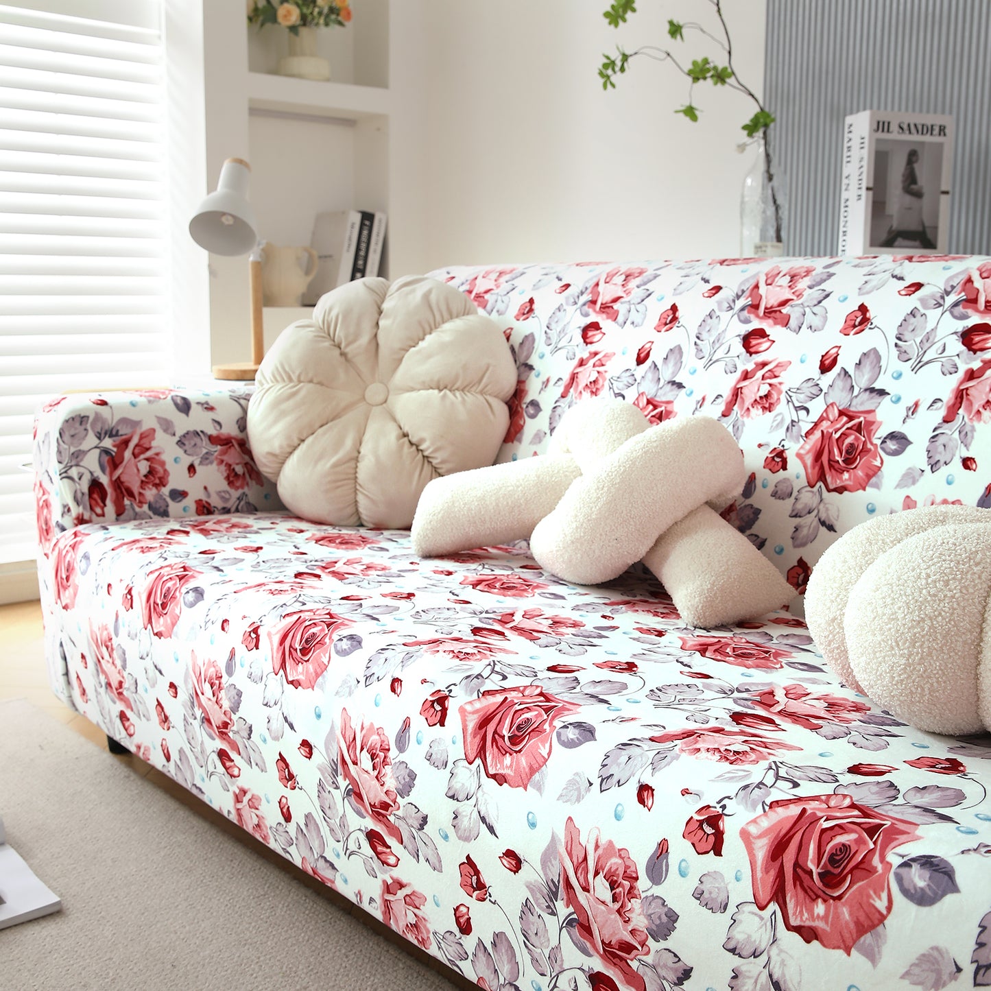 Premium Printed Velvet Sofa Cover 1/2/3 Seaters Fully Covered, Red Cottage Rose