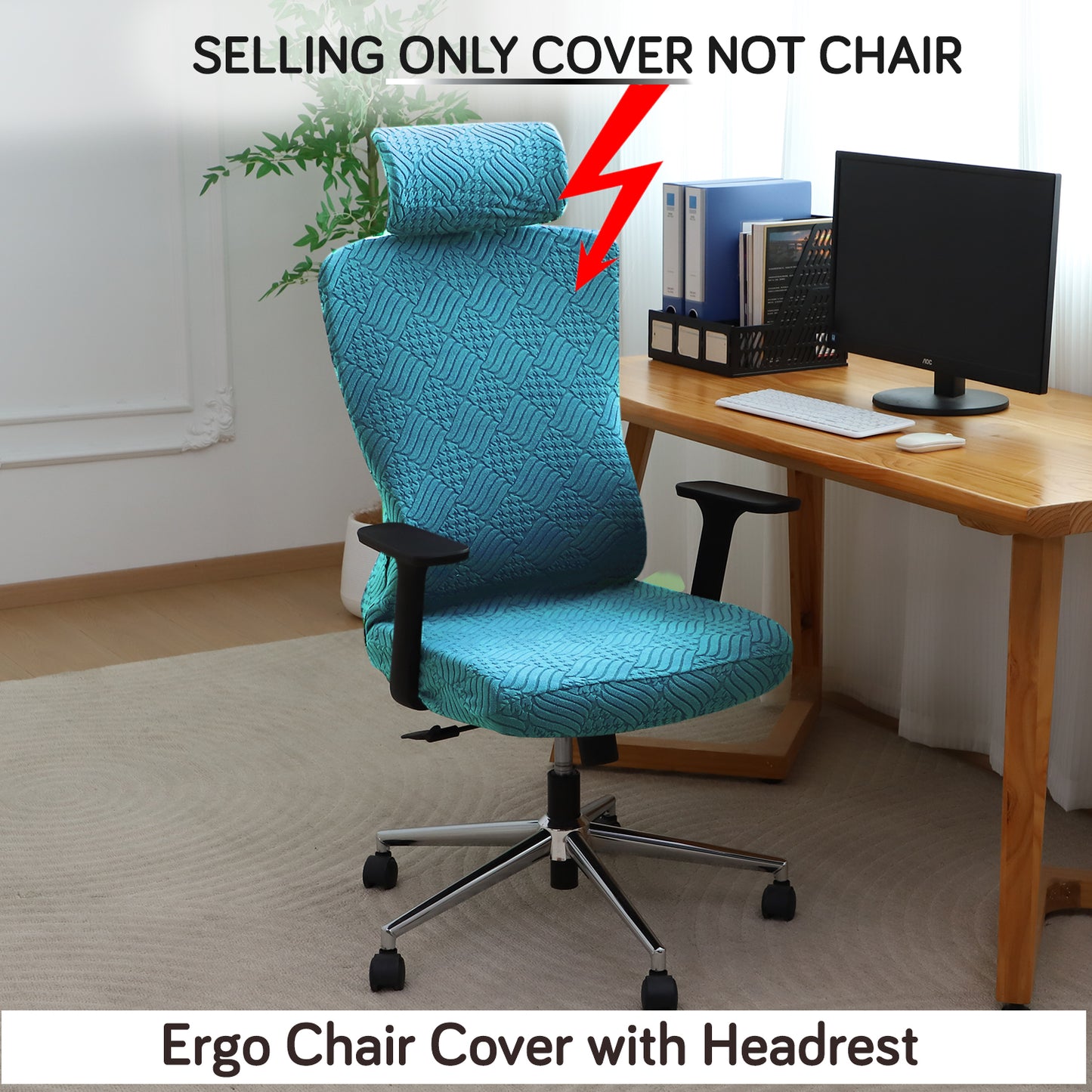 Office Chair Cover with Headrest (High-Back) – 170 GSM Stretch Jacquard – Washable, Anti-Slip Fit for Ergonomic Mesh Office Chairs, Turquoise