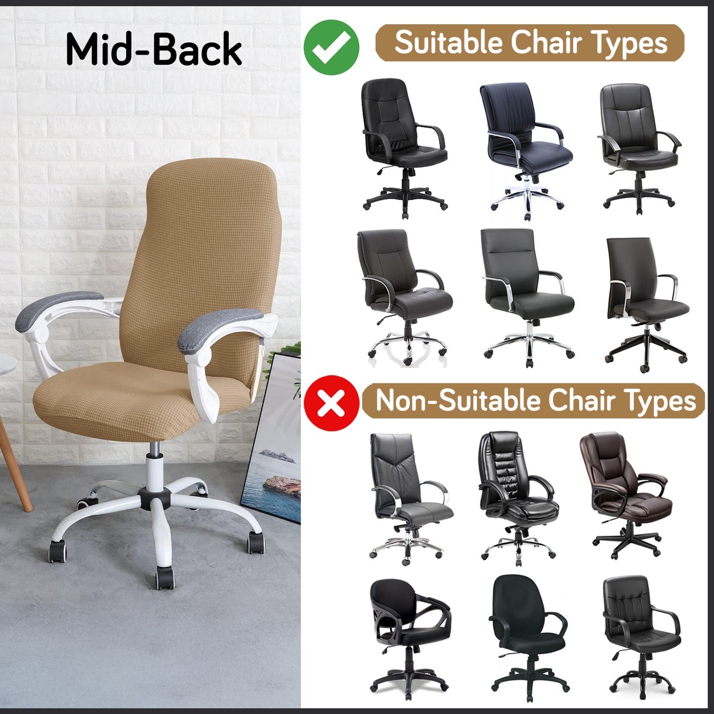 Water Repellent Office Chair Cover for Desk Chair (Mid-Back) – 210 GSM Stretch Jacquard – Washable, Durable & Anti-Slip – Fits Mid-Back Office Chairs, Camel