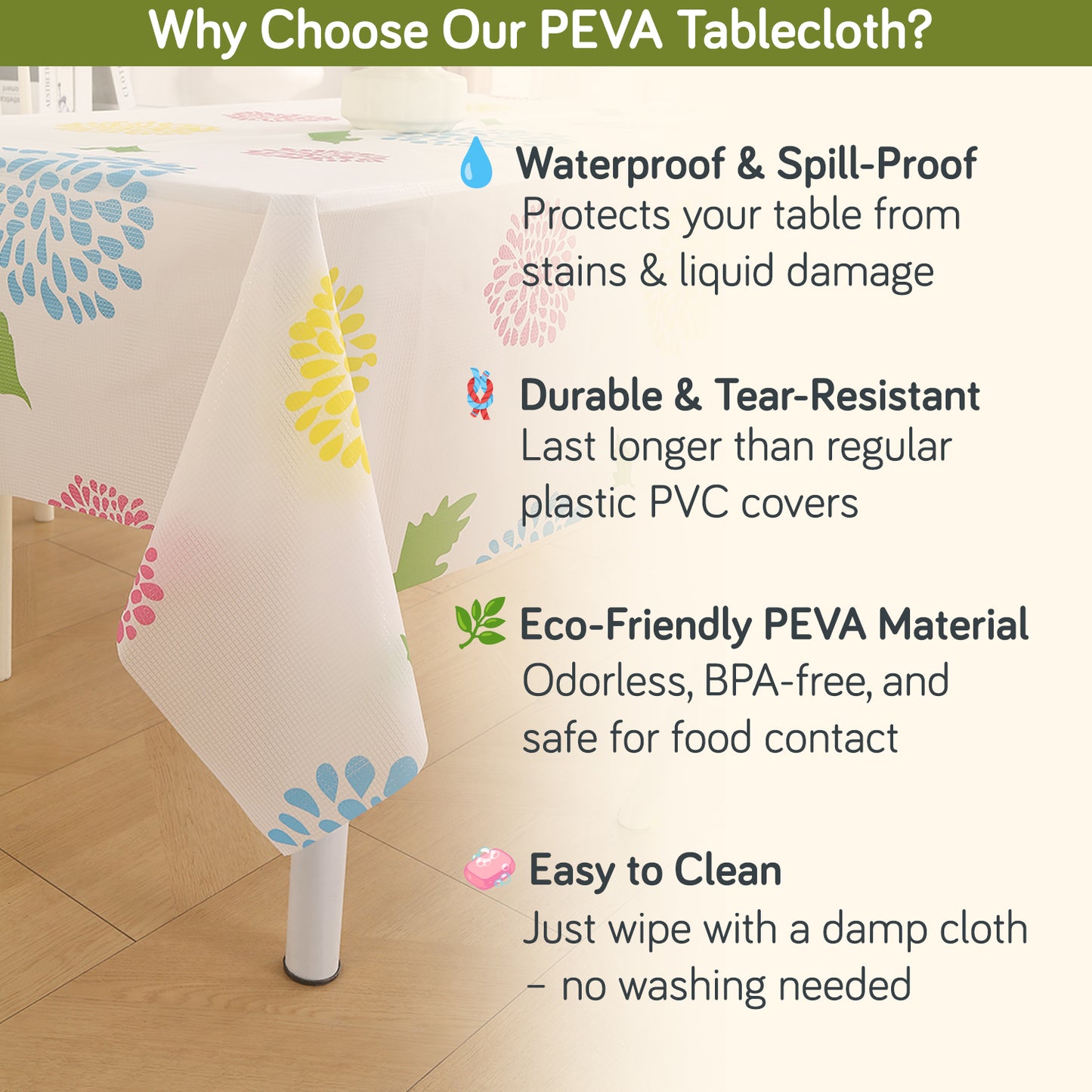 PEVA Waterproof Table Cover Cloth for 2/4/6 Seaters Dining Table | Dustproof Table Cloth for Study & Coffee Table, Multicolor Chrysanthemum
