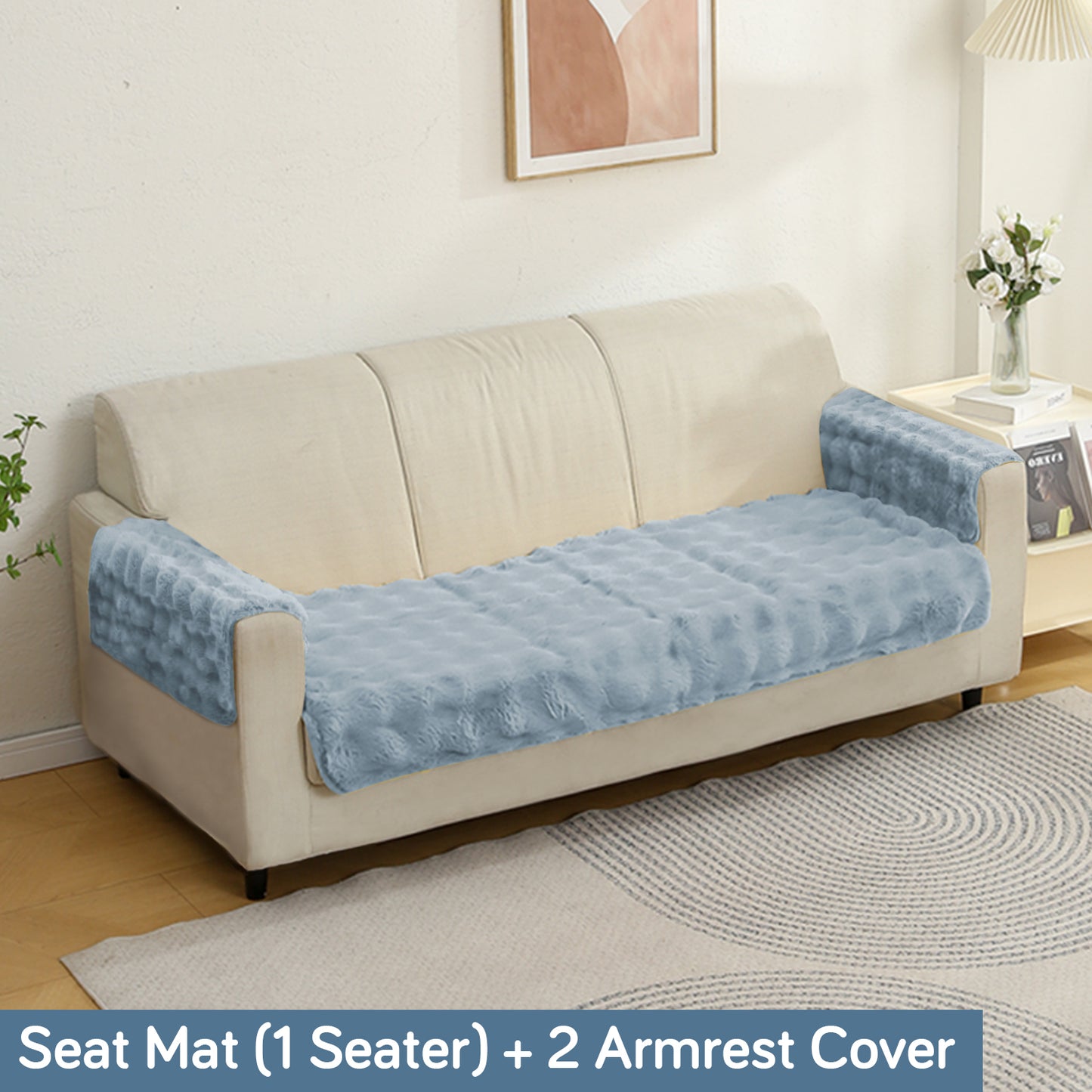 Premium Faux Rabbit Fur Anti Slip Sofa Cover Mat with 2 Arm Cover, Charm Blue