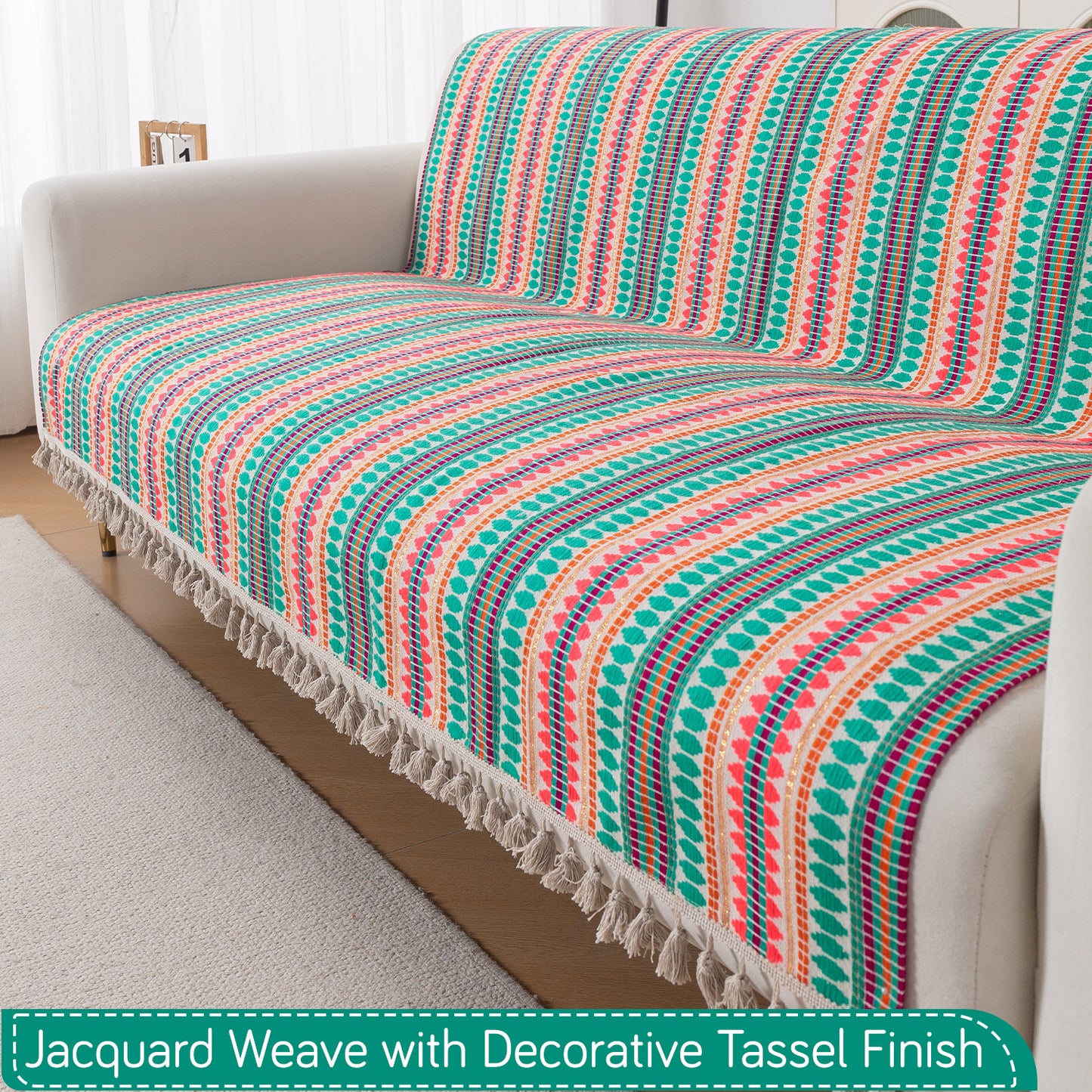 Artisan Boho Series 5-Seater Sofa Cover with Tassels (3+1+1), Mint Green