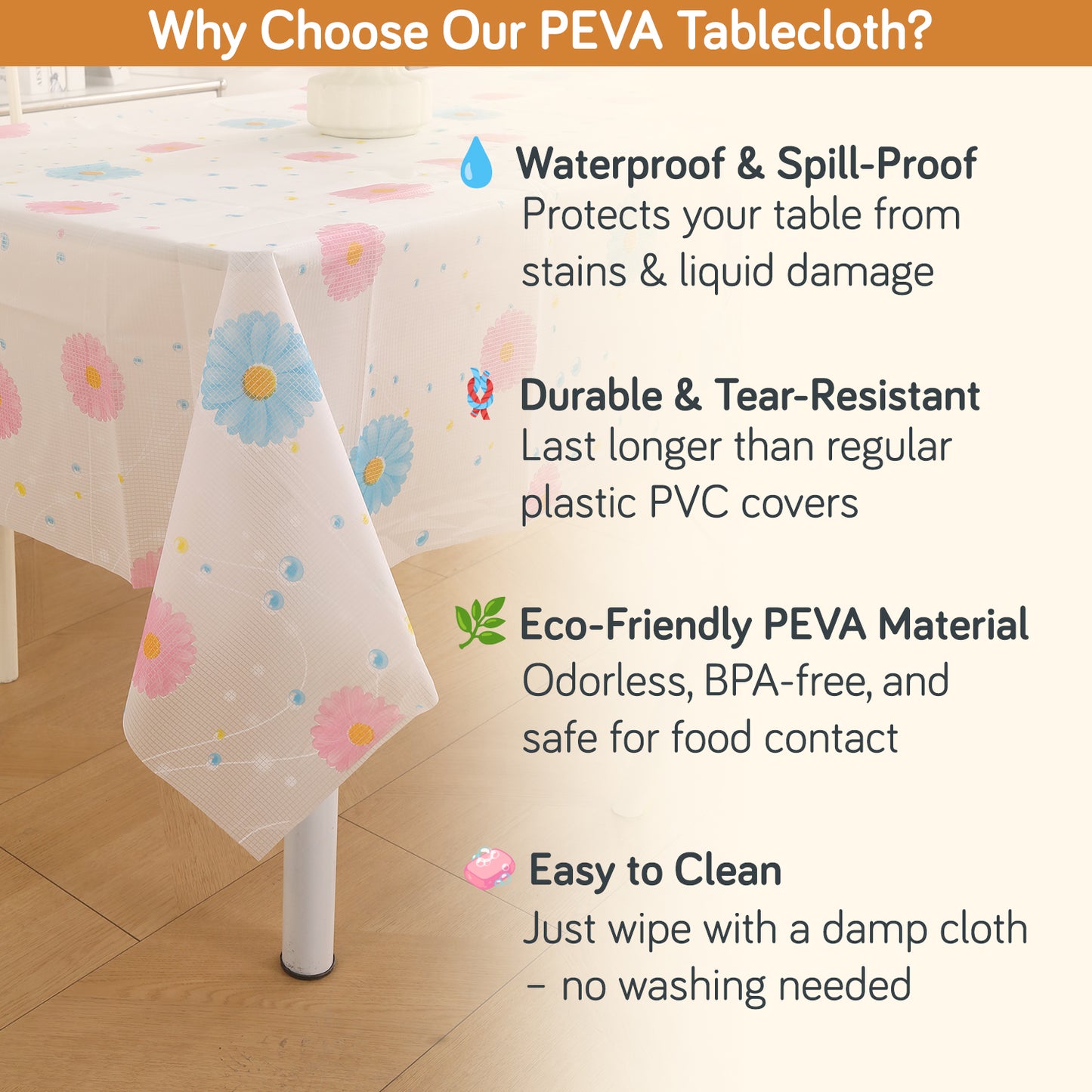 PEVA Waterproof Table Cover Cloth for 2/4/6 Seaters Dining Table | Dustproof Table Cloth for Study & Coffee Table, Dahlia Blush Pink