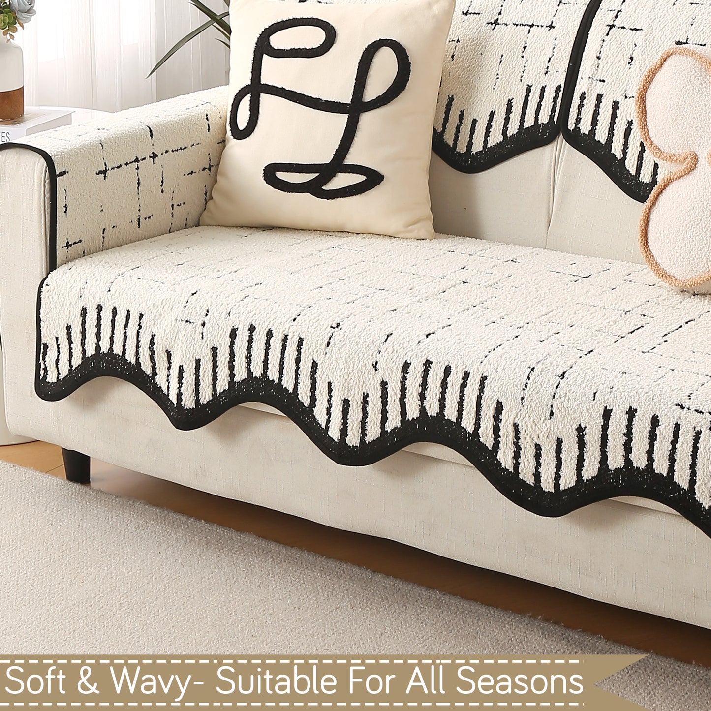 Premium Supple Soft Wavy with Curve Sofa Cover Mat, Off-White
