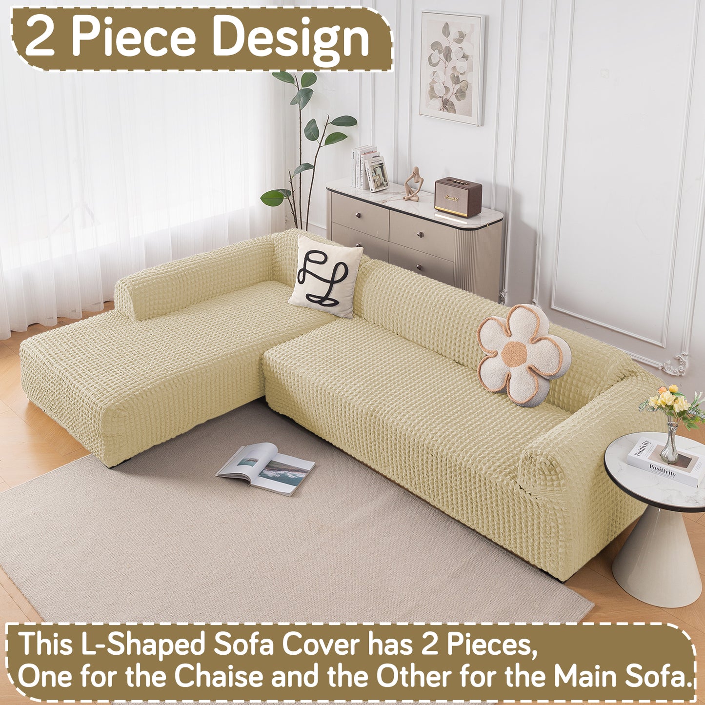 Aria Nova 280 GSM Bubble 2-Piece Stretchable L Shape Sofa Cover with Left Chaise, Beige