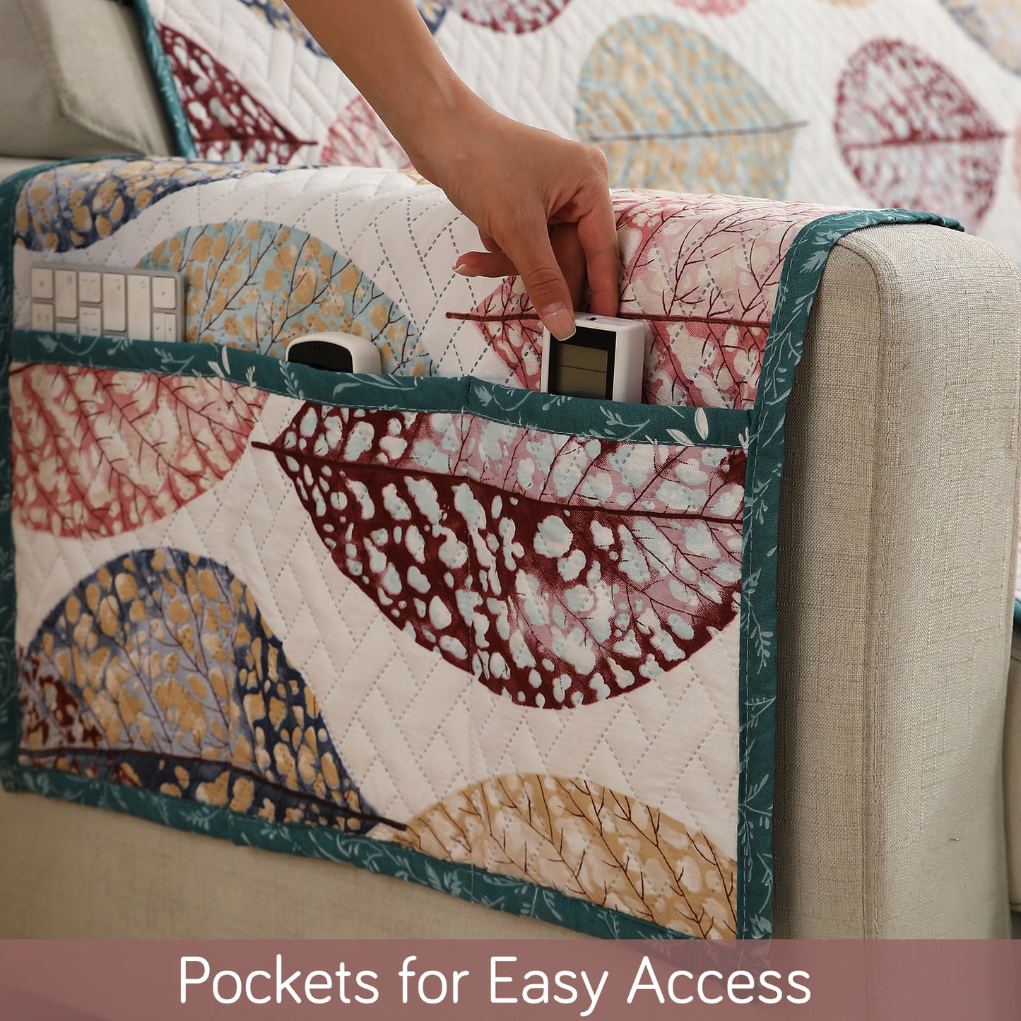 Multicolor Linden Leaf Printed quilted sofa cover set with handy side pocket