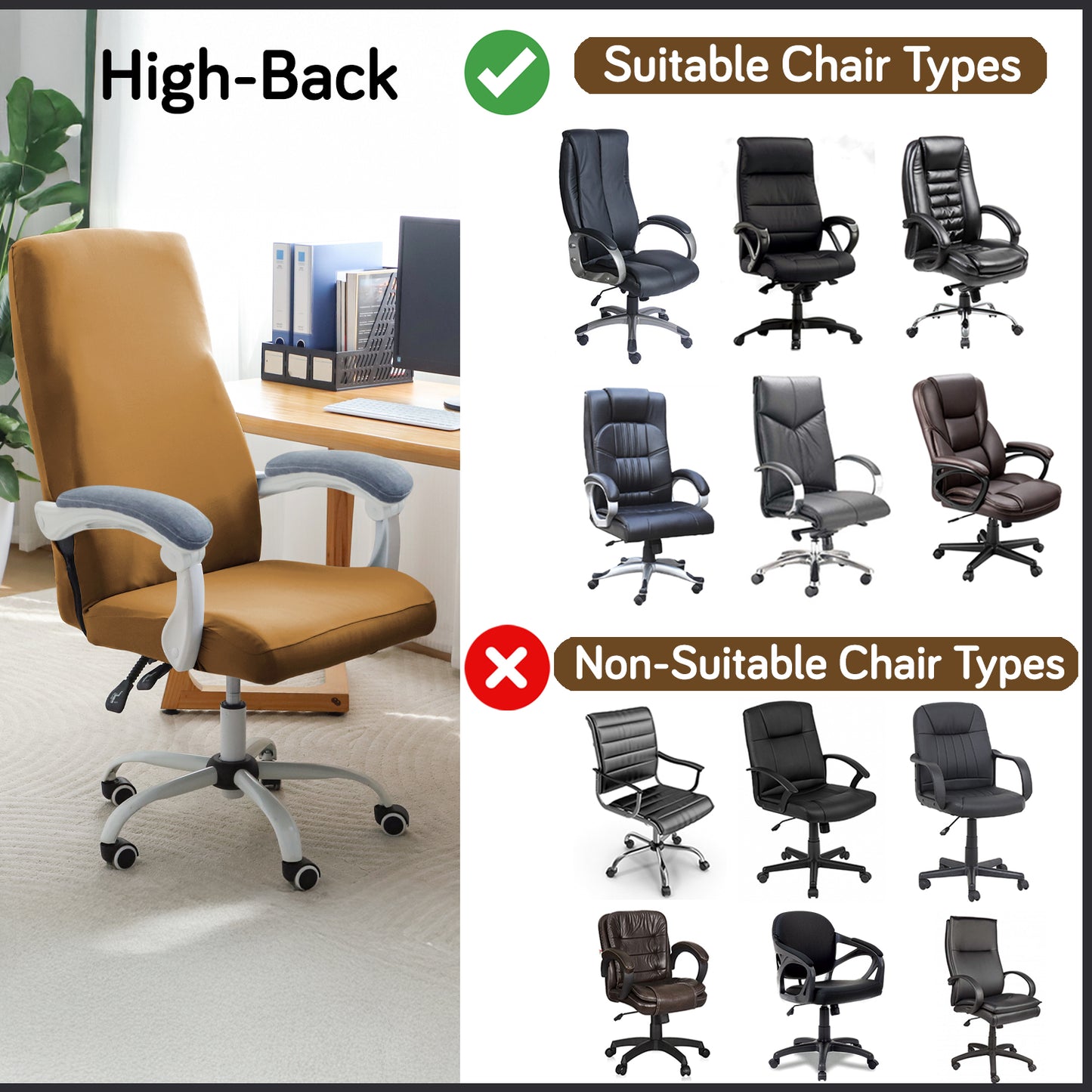 Office Chair Cover for Executive Chair (High-Back) – 140 GSM Stretchable Fabric – Washable & Anti-Slip – Fits Big & Tall Office Chairs, Camel