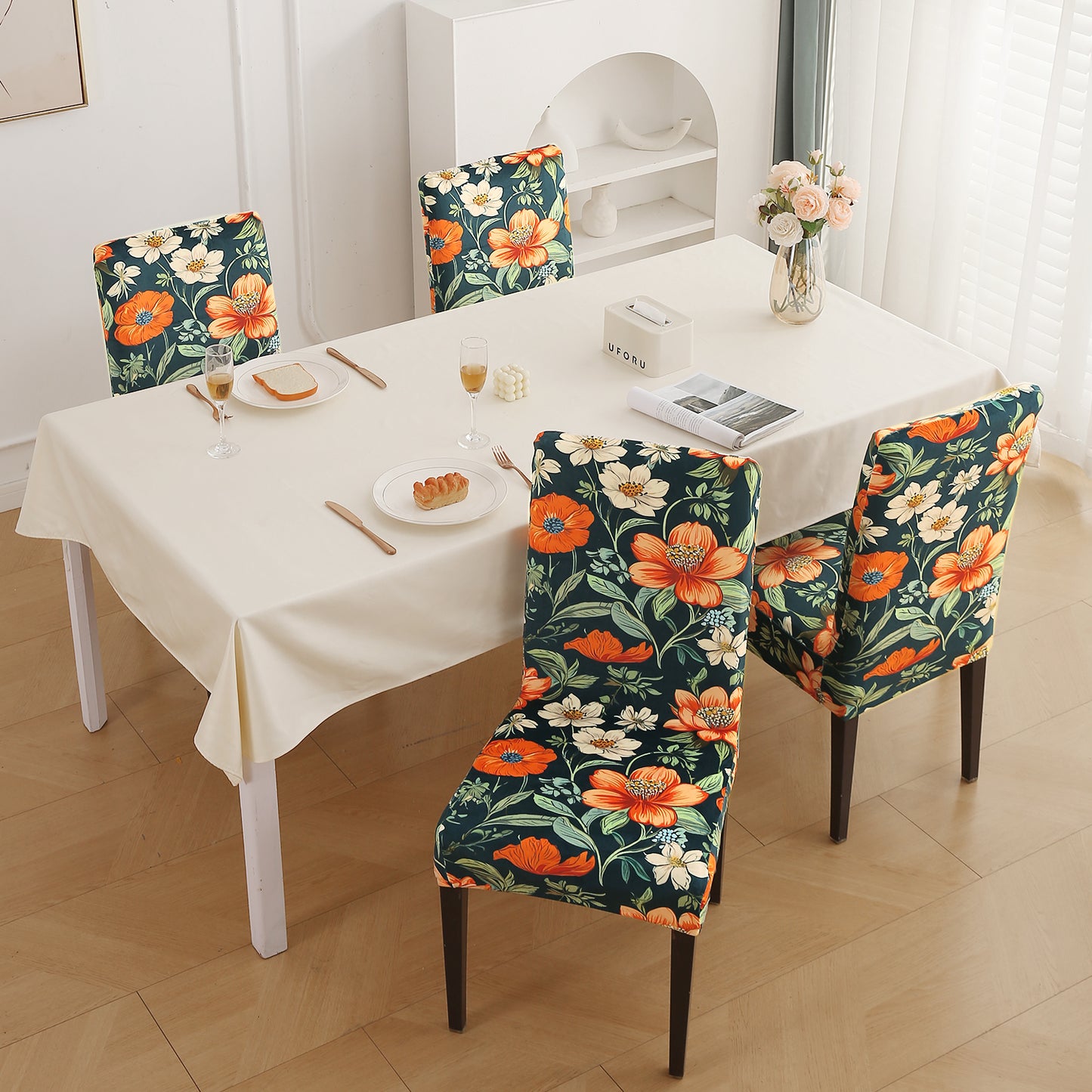 Premium Printed Velvet Dining Chair Cover Set, Teal Twilight Garden
