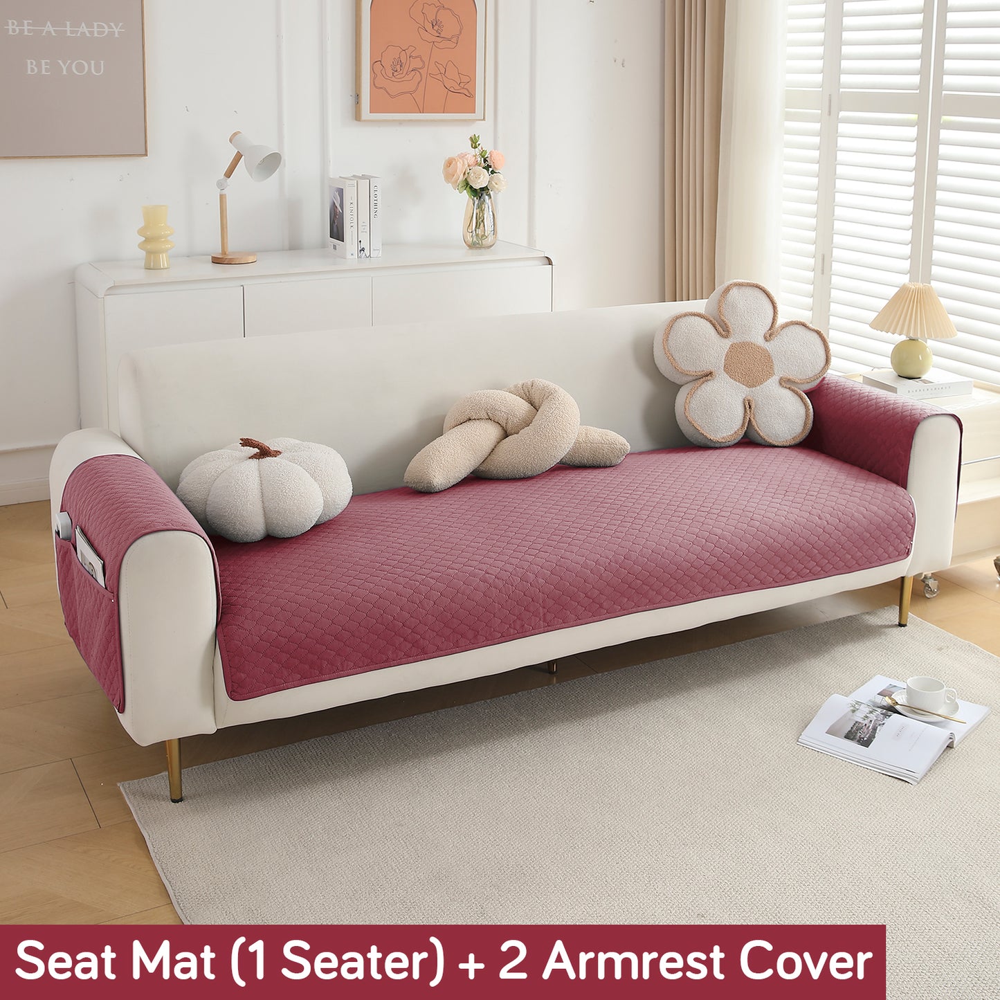 Quilted Sofa Cover Set with Seat Mat and Armrest Covers with Pockets, Mauve Pink
