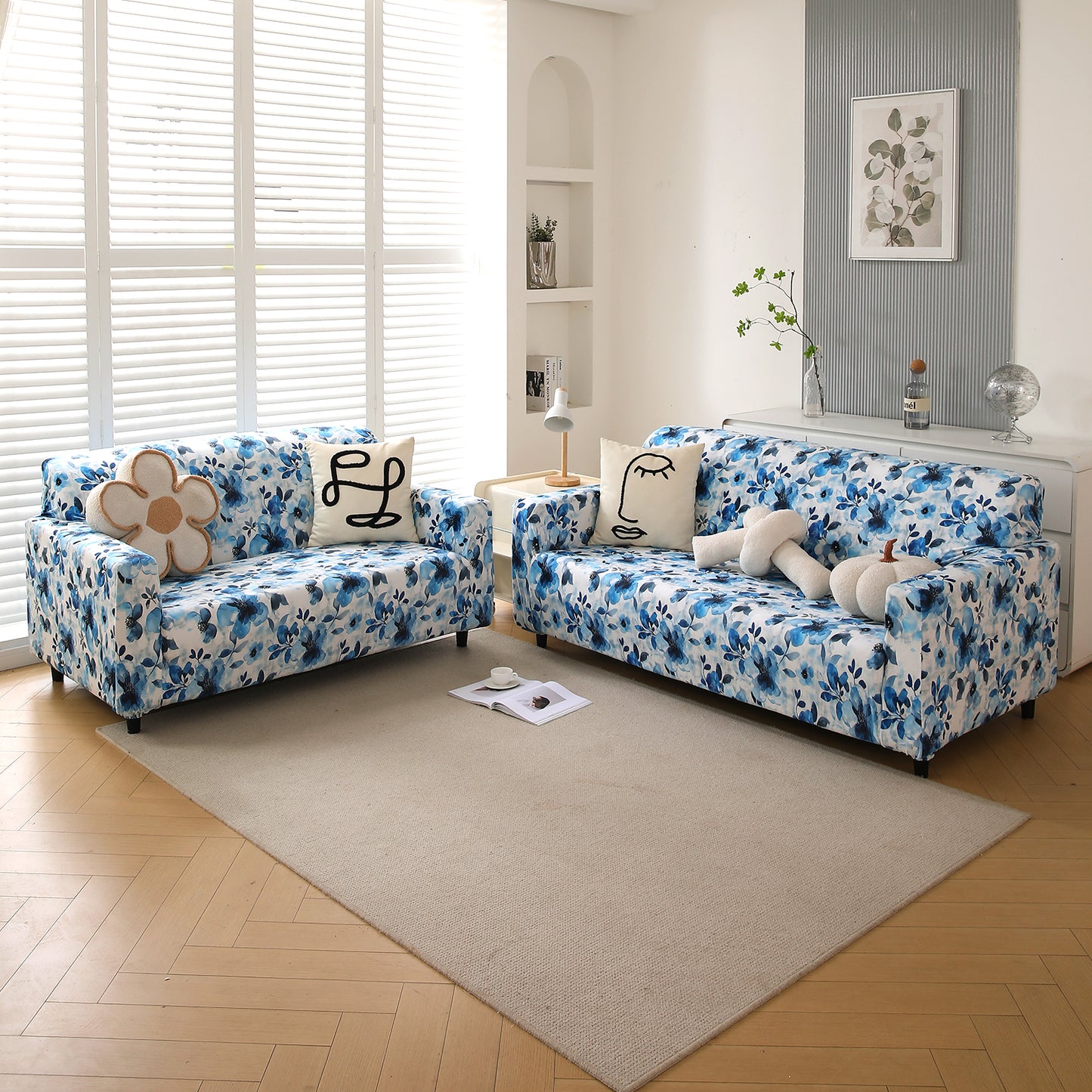 Premium Printed Velvet Sofa Cover 1/2/3 Seaters Fully Covered, Blue Azure Botanical