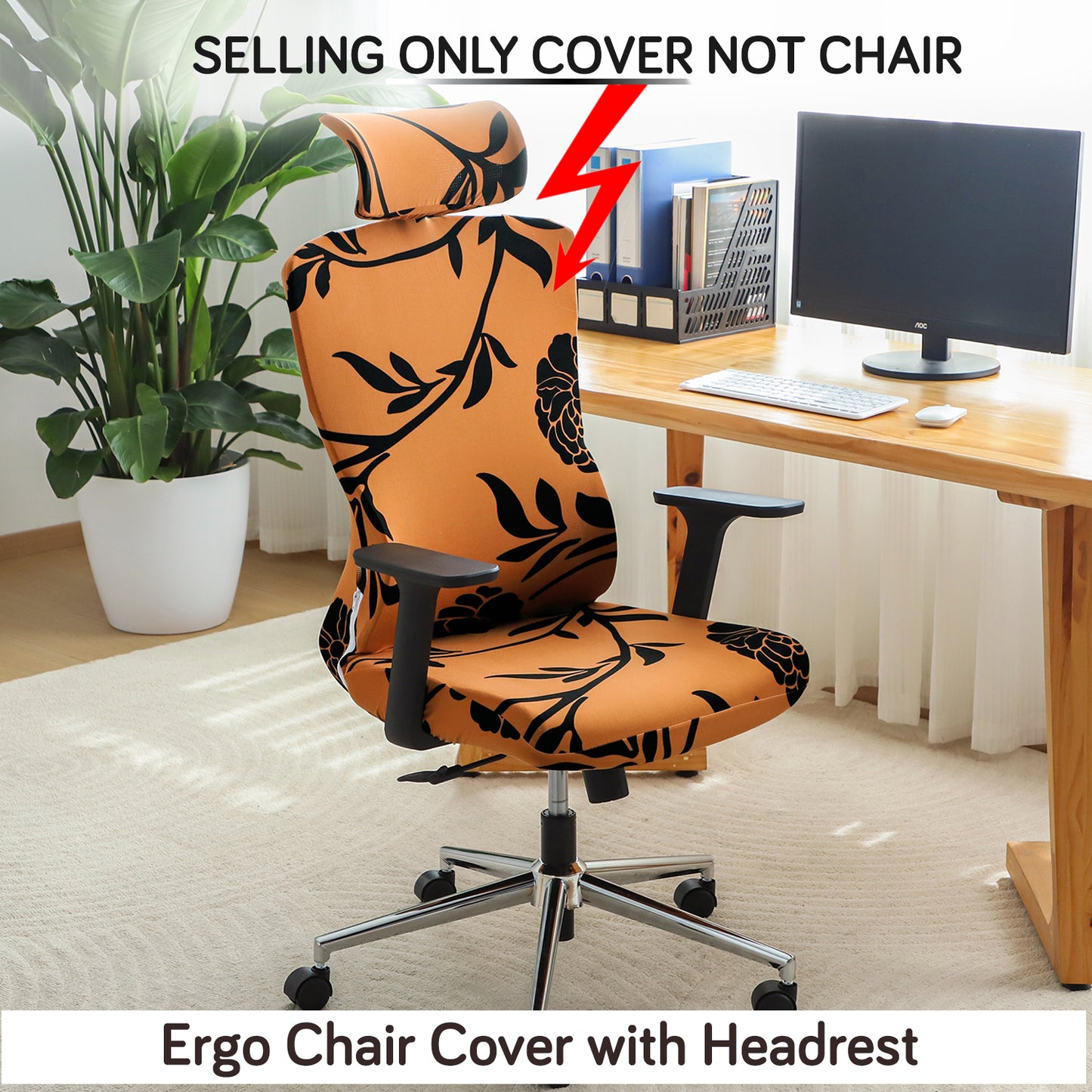 Printed Office Chair Cover with Headrest (High-Back) – 140 GSM Stretch Fabric – Washable, Anti-Slip Fit for Ergonomic Mesh Office Chairs, Copper Brown Floral