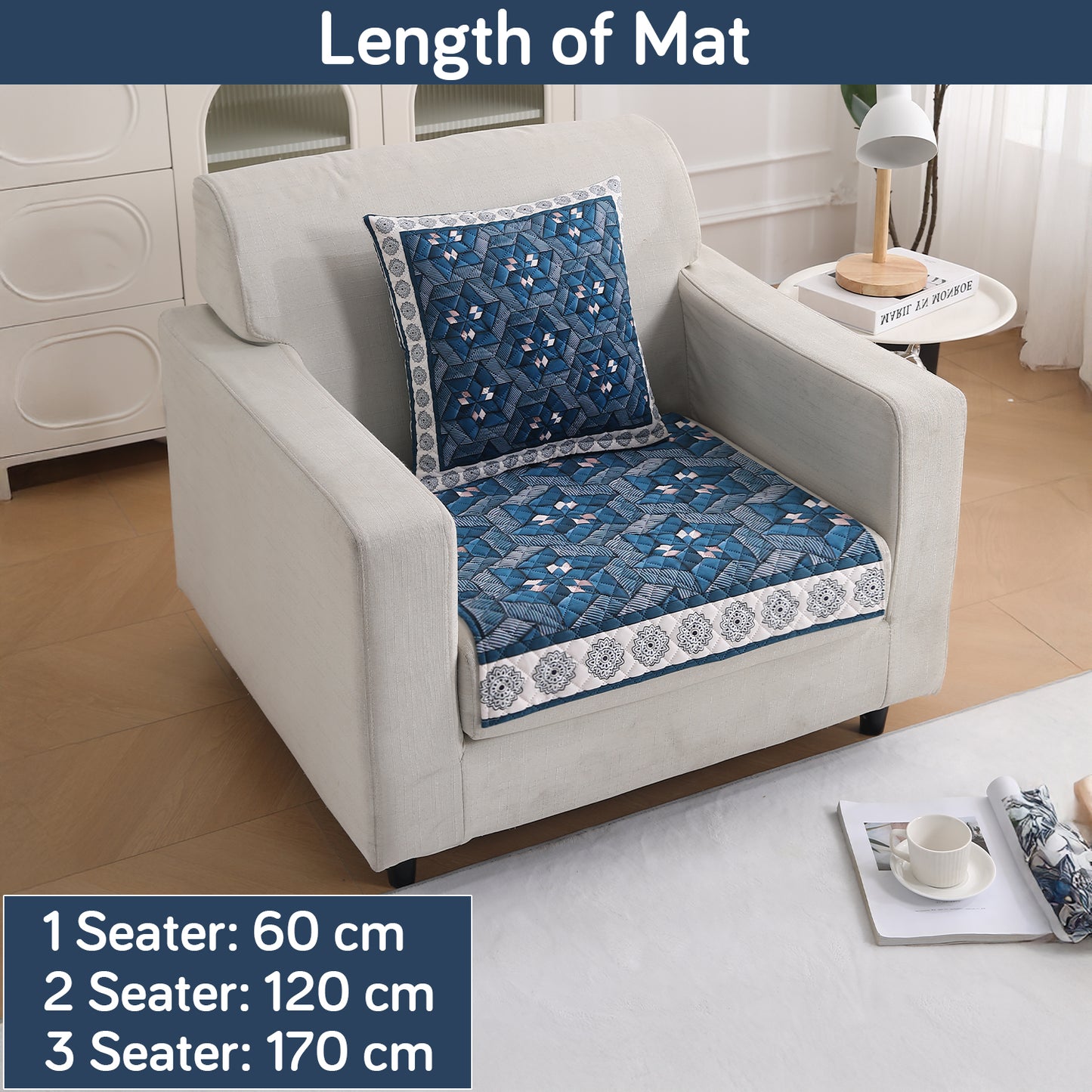 LiefNest Printed Holland Velvet Sofa Mat with Foam Filling - Geometric Floral Oriental Blue for 1/2/3 Seater & Armrest