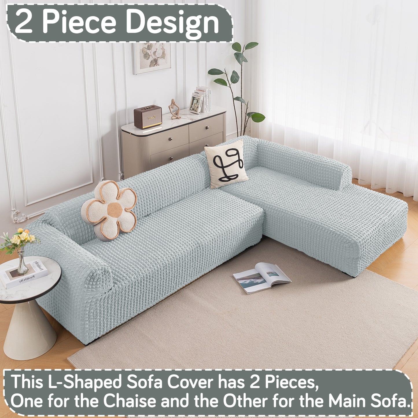 Aria Nova Bubble 2-Piece Stretchable L Shape Sofa Cover with Right Chaise, Light Grey