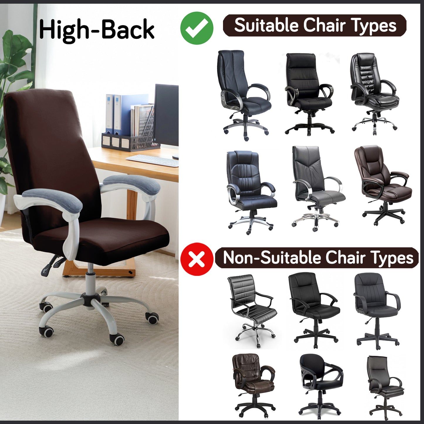 Office Chair Cover for Executive Chair (High-Back) – 140 GSM Stretch Fabric – Washable, Durable & Anti-Slip – Fits High-Back Office Chairs, Brown