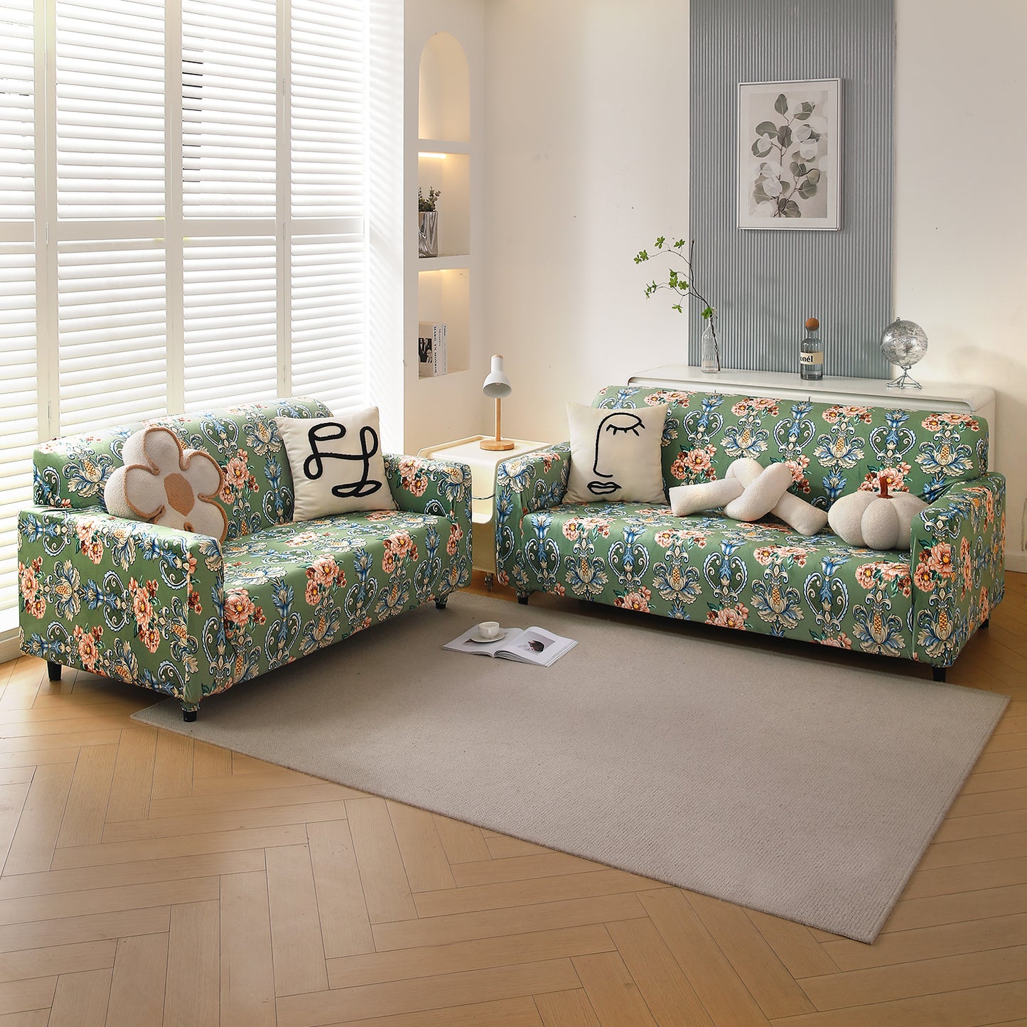 Premium Printed Velvet Sofa Cover 1/2/3 Seaters Fully Covered, Green Victorian Garden