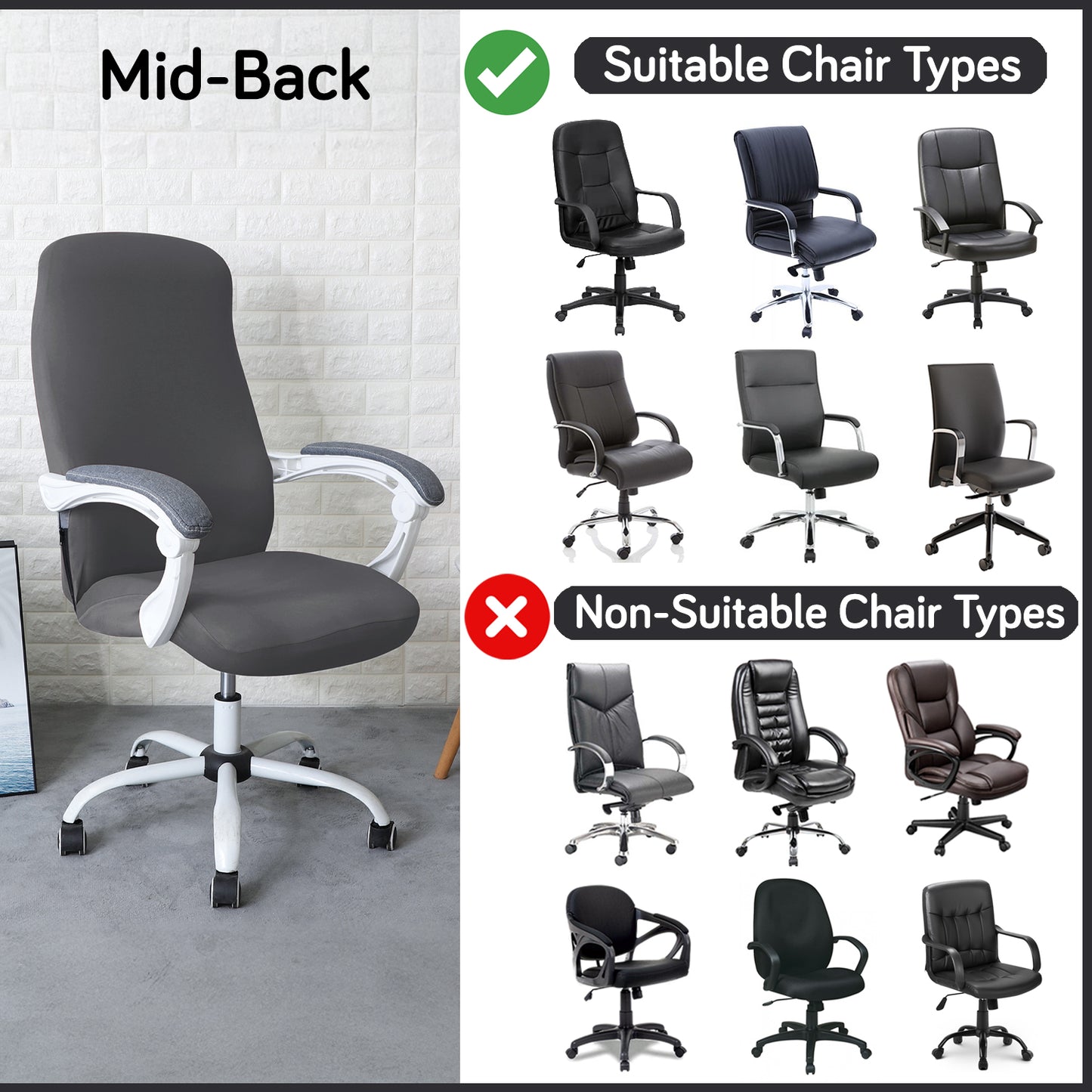 Office Chair Cover for Desk Chair (Mid-Back) – 140 GSM Stretch Fabric – Washable, Durable & Anti-Slip – Fits Mid-Back Office Chairs, Grey