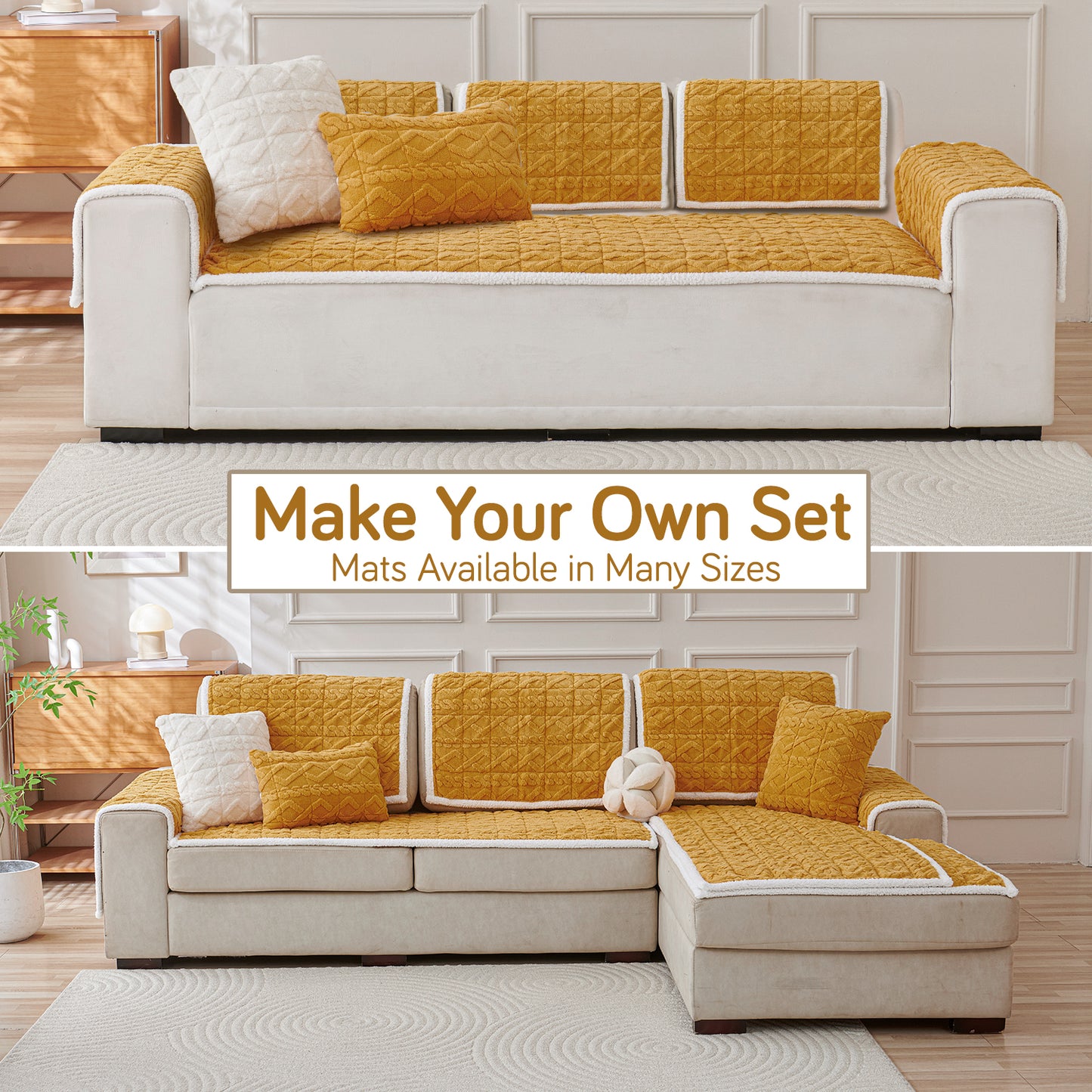 'Italian Caelora' Luxury Jacquard Plush Sofa Cover Mat and Anti-Slip Armrest Covers - Honey Yellow