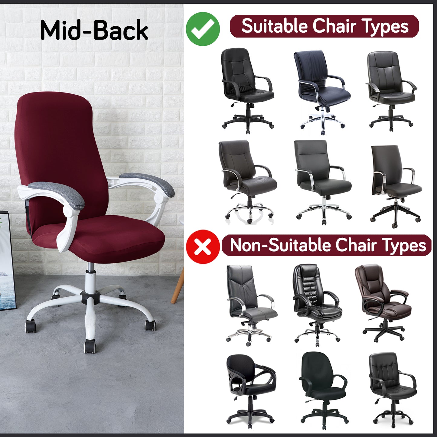 Office Chair Cover for Desk Chair (Mid-Back) – 140 GSM Stretch Fabric – Washable, Durable & Anti-Slip – Fits Mid-Back Office Chairs, Burgundy