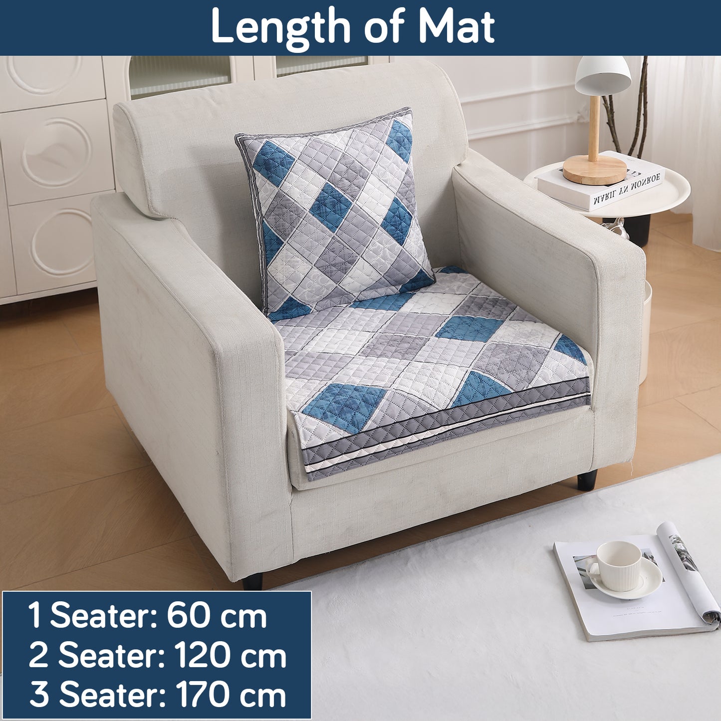 LiefNest Printed Holland Velvet Sofa Mat with Foam Filling - Diamond Slate Grey Blue for 1/2/3 Seater & Armrest