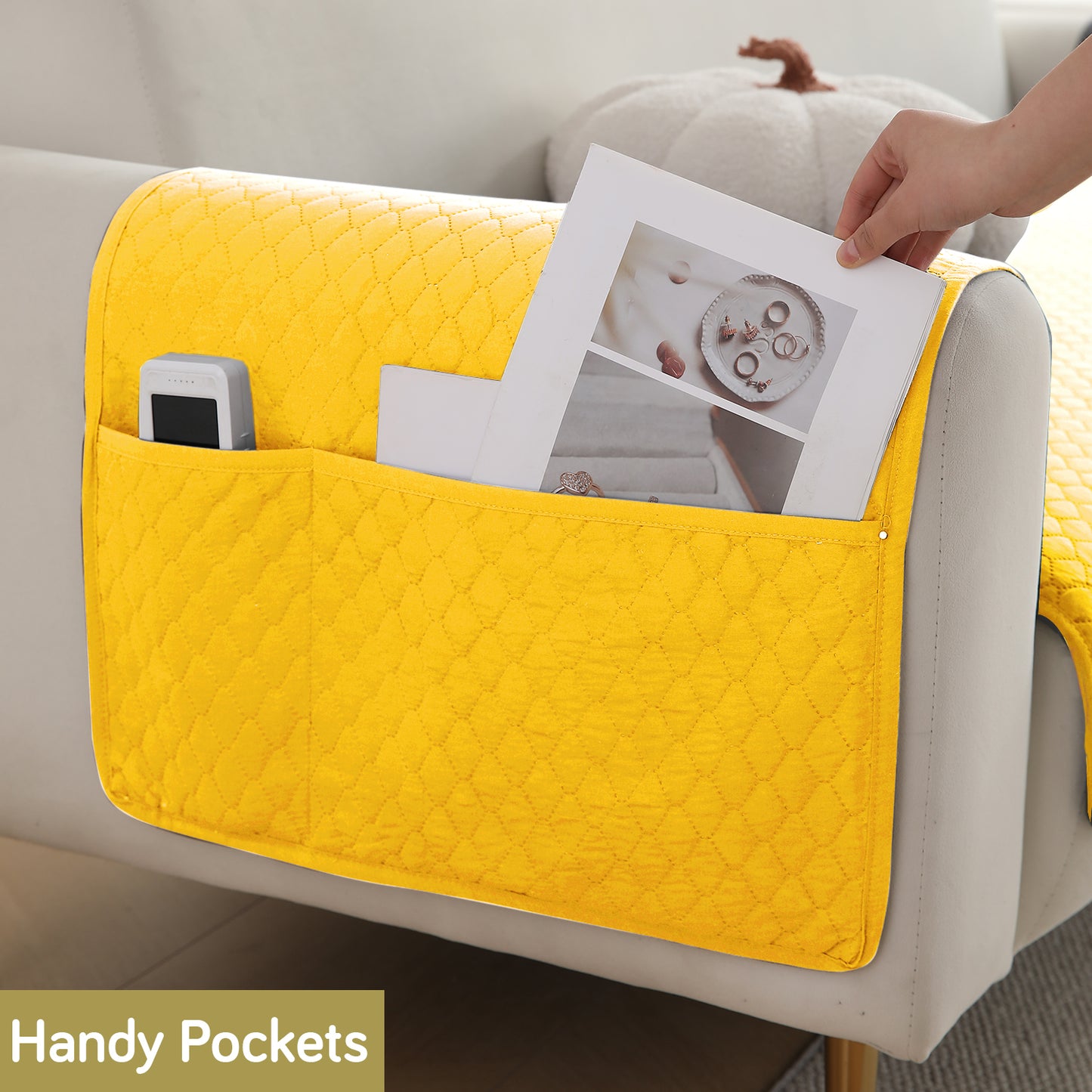 2 Pcs Quilted Sofa Armrest Cover, Yellow